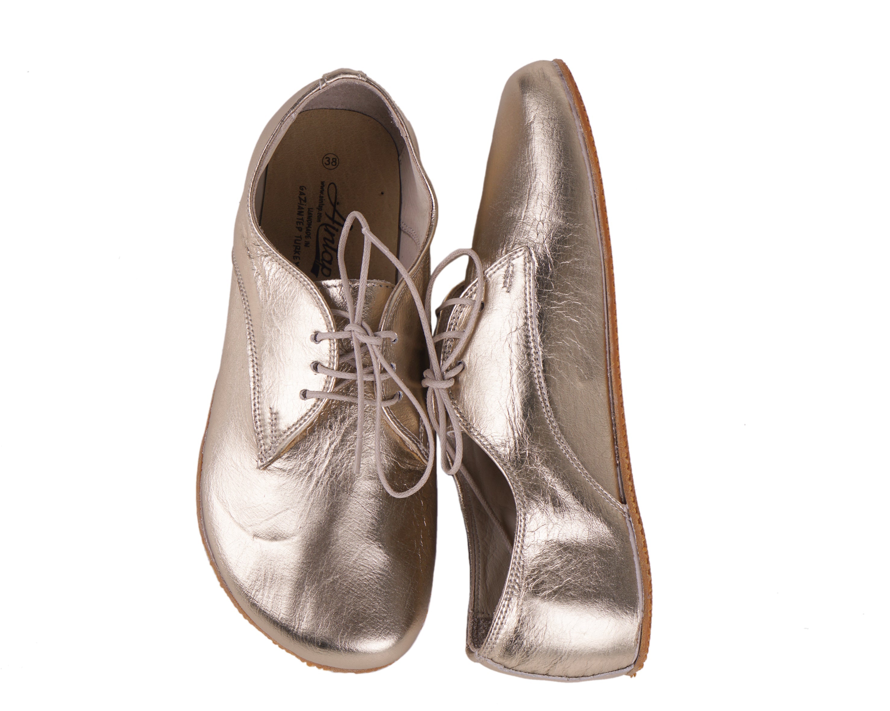 Gold Oxford Wide Barefoot Shoes Smooth Leather Handmade 4mm Rubber Outsole 