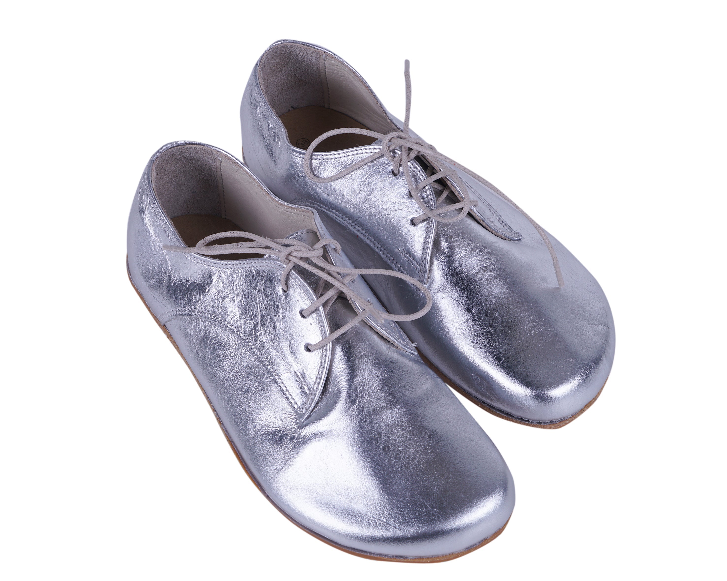 Sılver Oxford Wide Barefoot Shoes Smooth Leather Handmade 4mm Rubber Outsole 