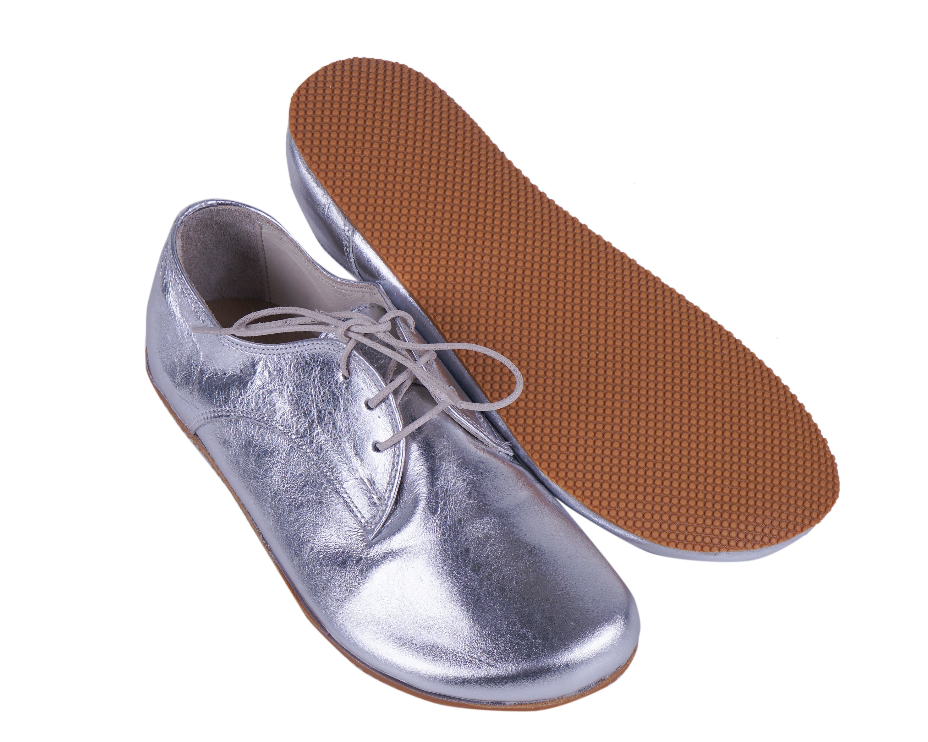 Sılver Oxford Wide Barefoot Shoes Smooth Leather Handmade 4mm Rubber Outsole 
