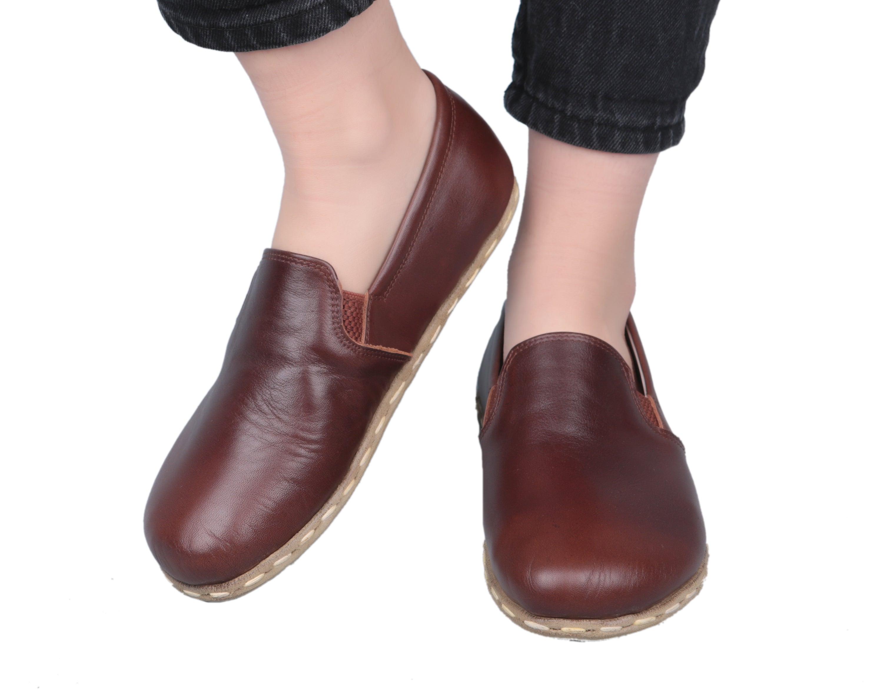 Dark Brown Slip-On Wide Barefoot Smooth Leather Handmade Sport Shoes 