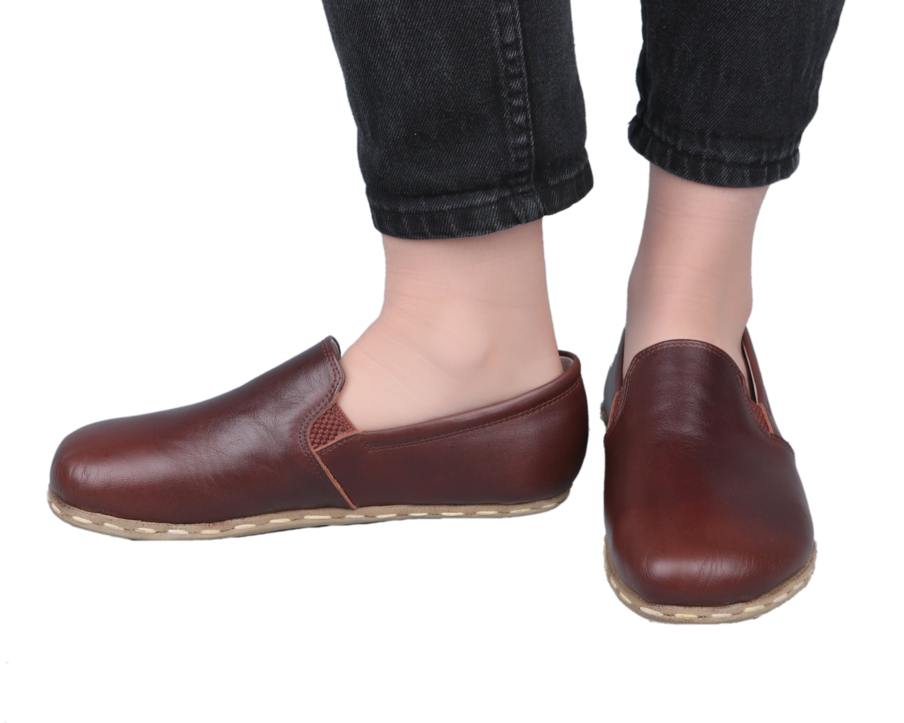 Dark Brown Slip-On Wide Barefoot Smooth Leather Handmade Sport Shoes 