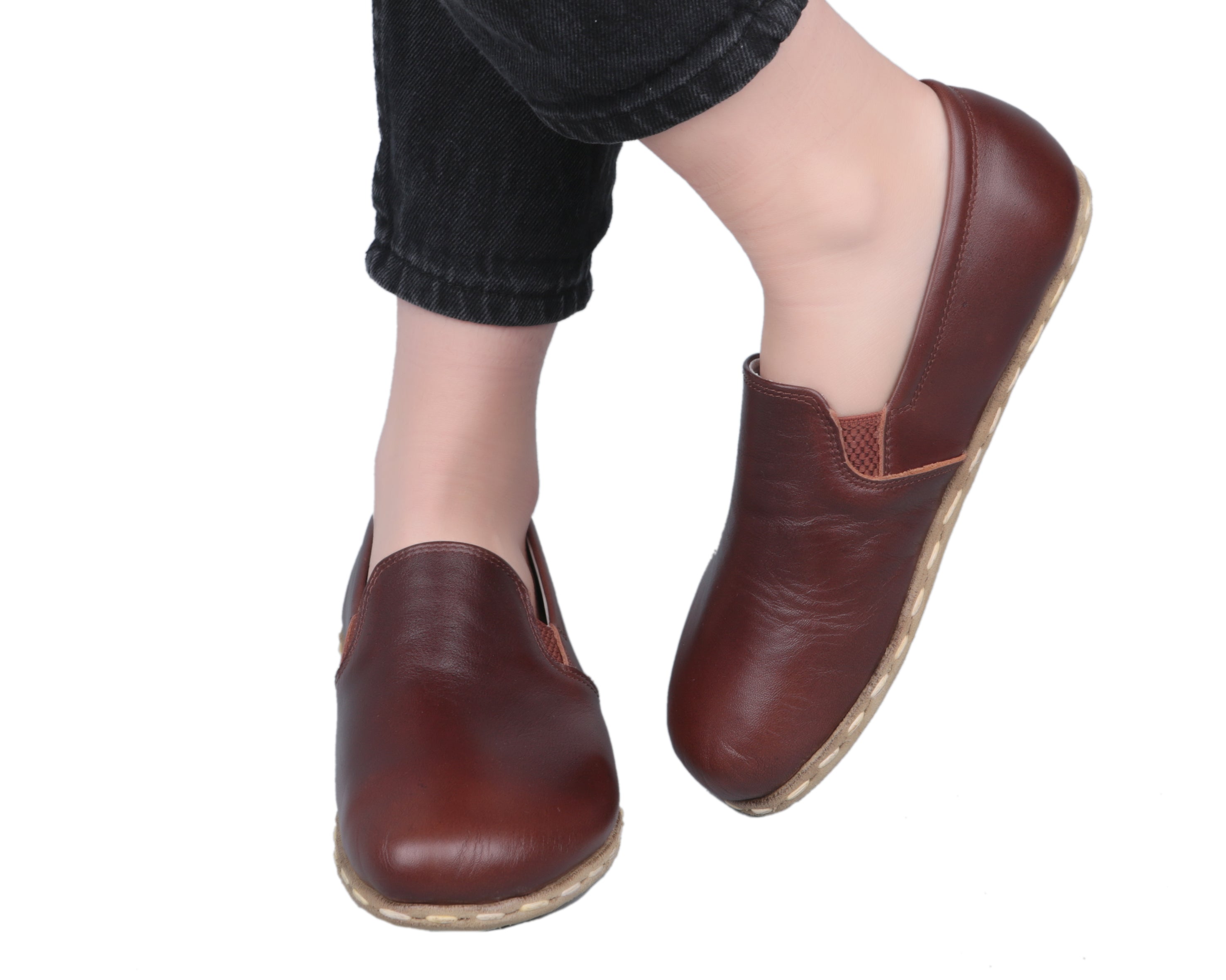Dark Brown Slip-On Wide Barefoot Smooth Leather Handmade Sport Shoes 