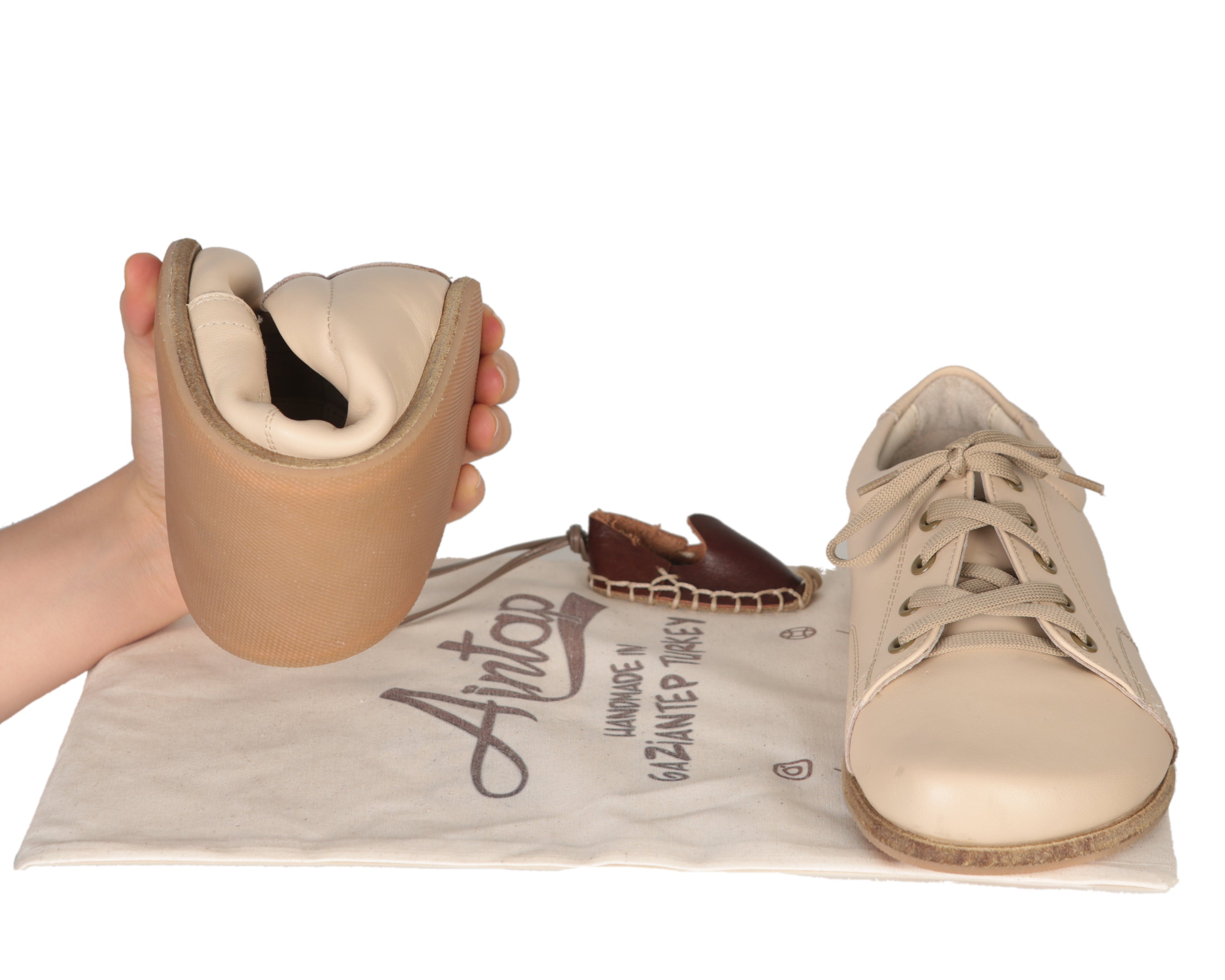 Cream Sneaker Wide Barefoot Smooth Leather Handmade Shoes