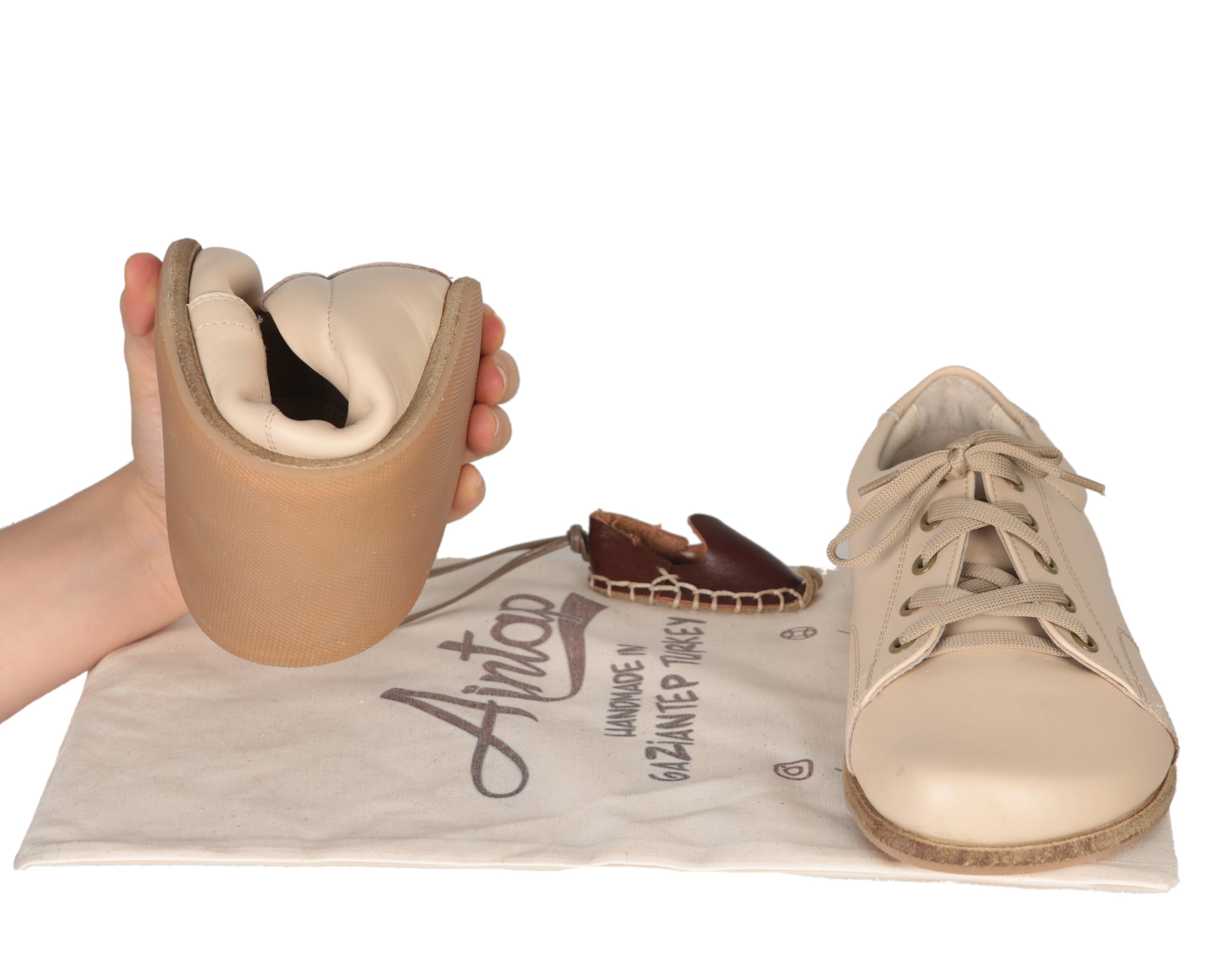 Cream Sneaker Wide Barefoot Smooth Leather Handmade Shoes 