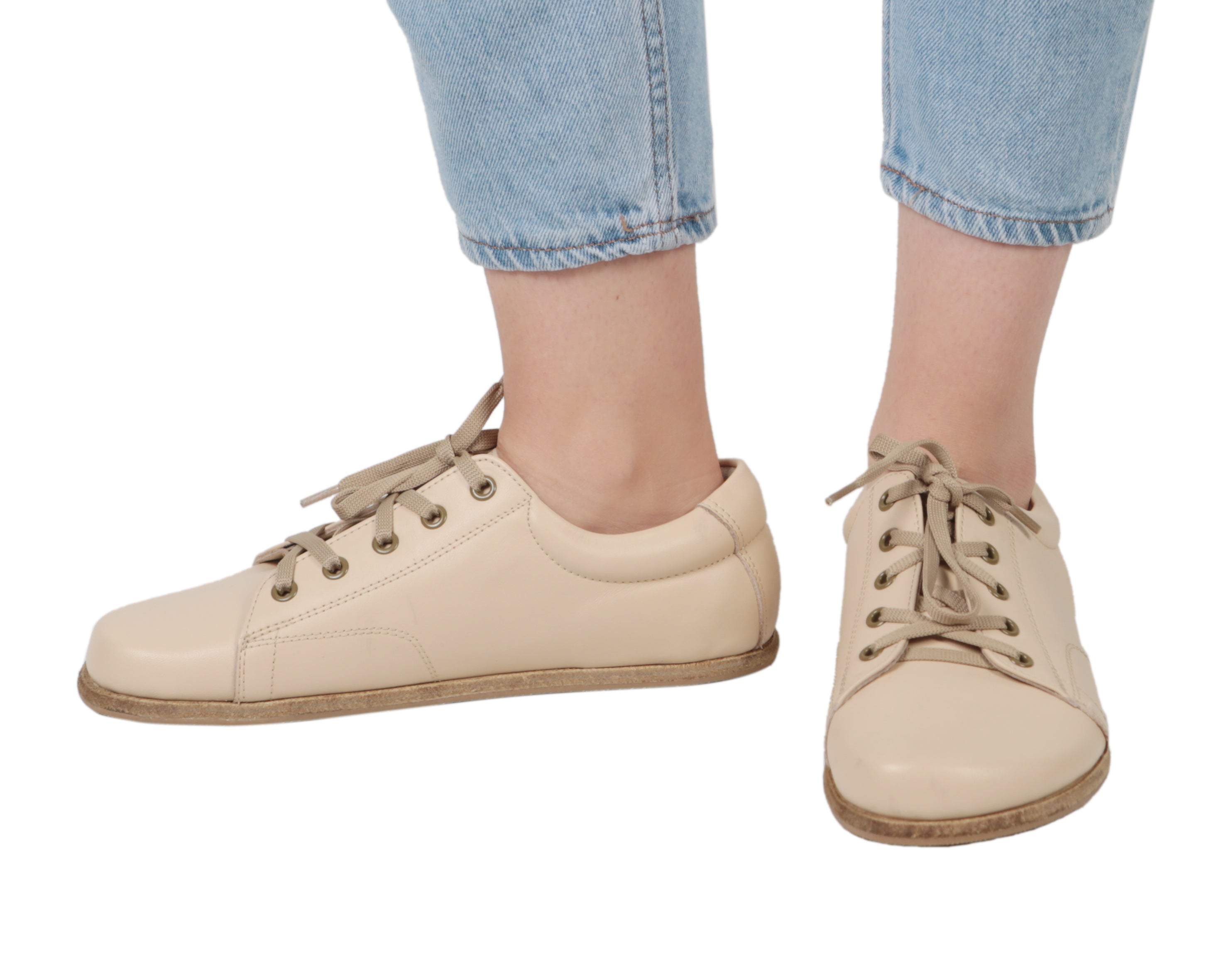 Cream Sneaker Wide Barefoot Smooth Leather Handmade Shoes 