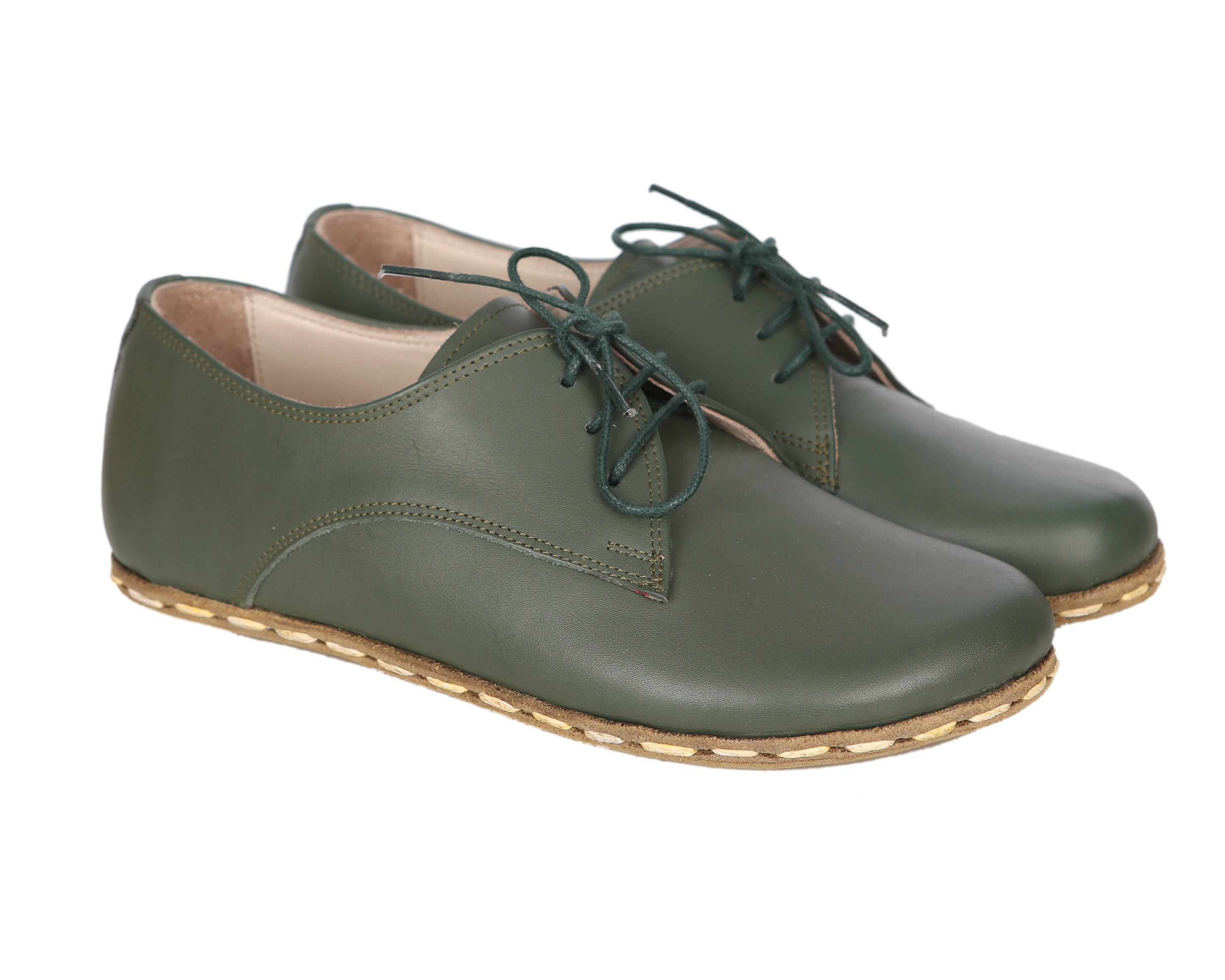Green Oxford Wide Barefoot Smooth Leather Handmade Sport Shoes 