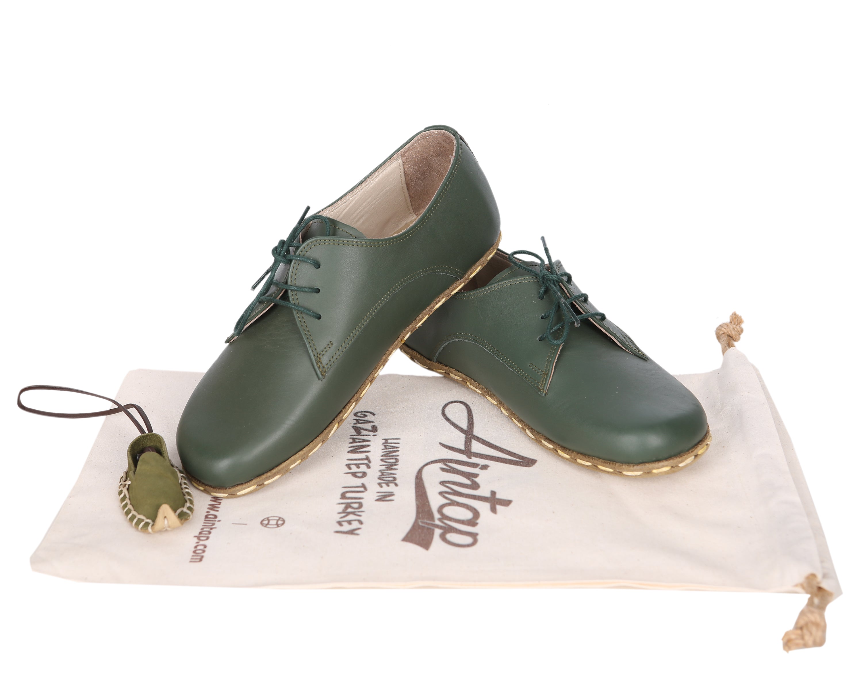 Green Oxford Wide Barefoot Smooth Leather Handmade Sport Shoes