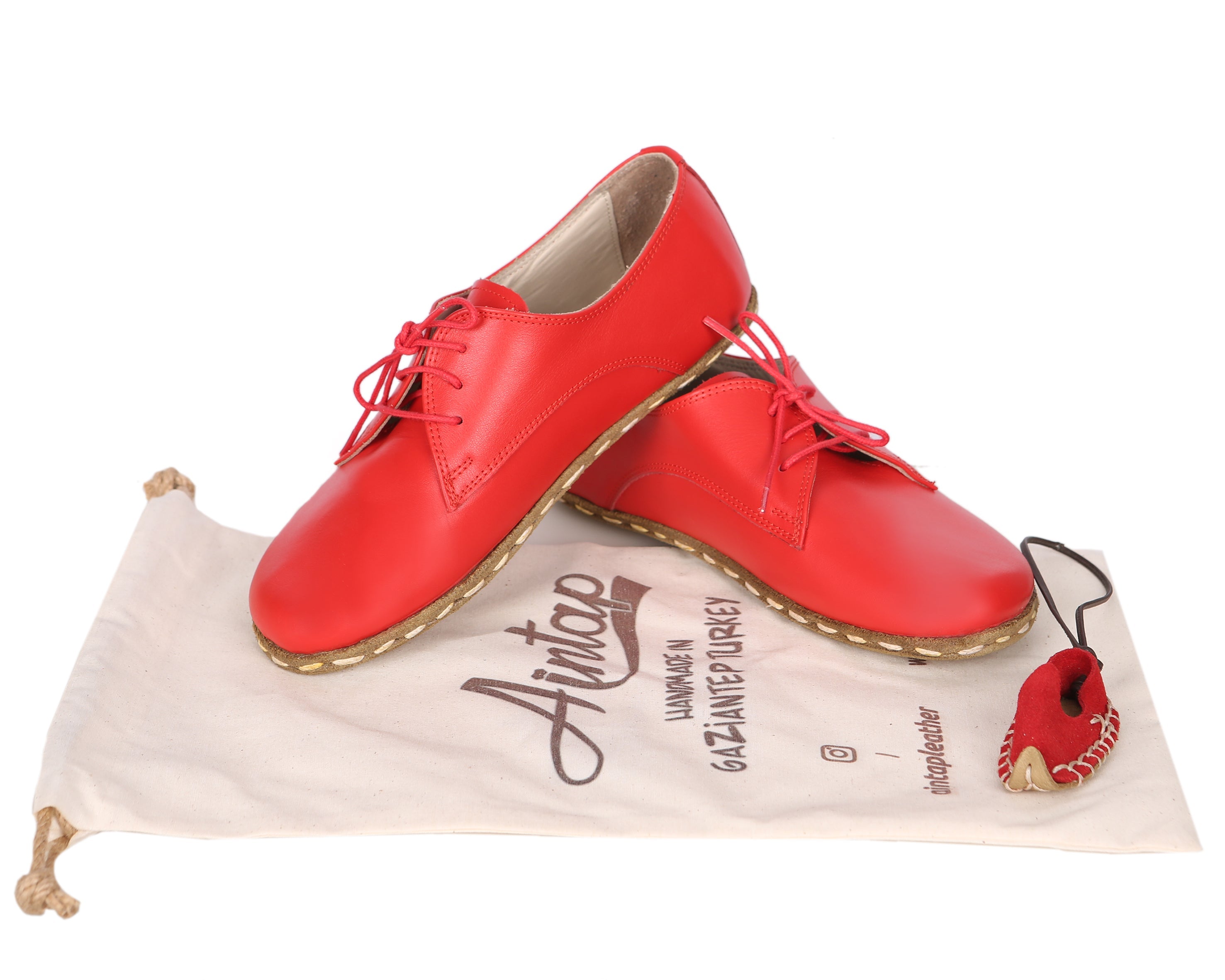 Red Oxford Wide Barefoot Smooth Leather Handmade Sport Shoes 