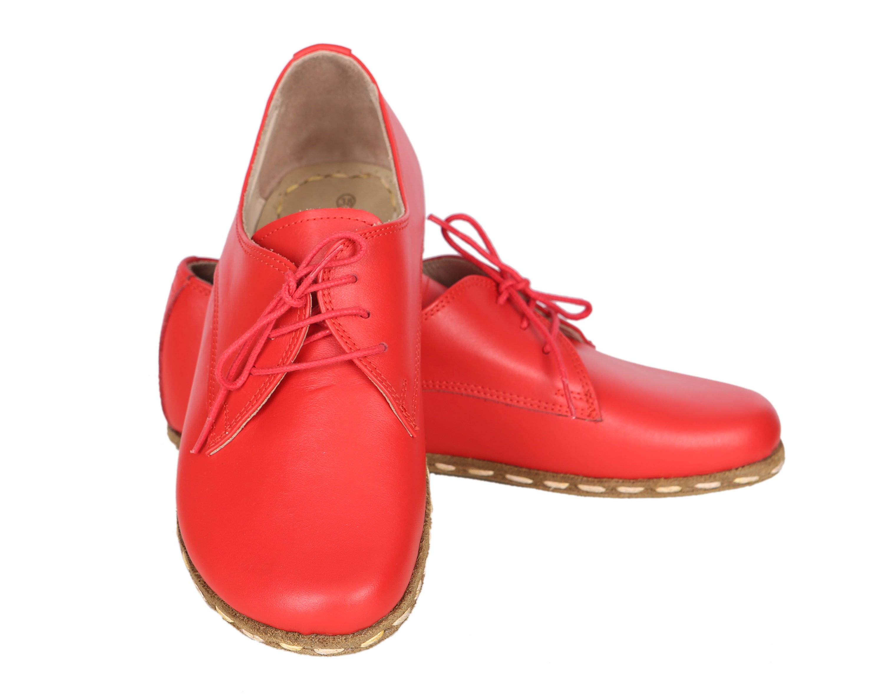 Red Oxford Wide Barefoot Smooth Leather Handmade Sport Shoes