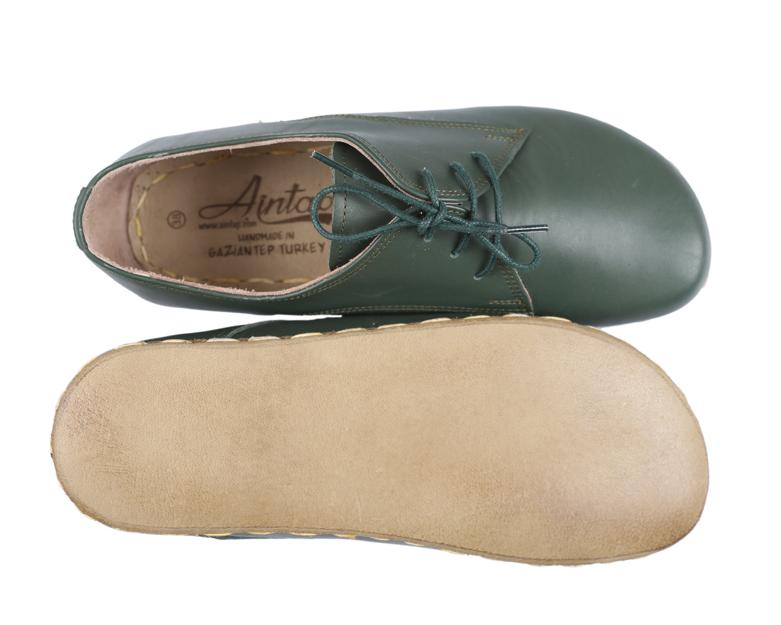 Green Oxford Wide Barefoot Smooth Leather Handmade Sport Shoes