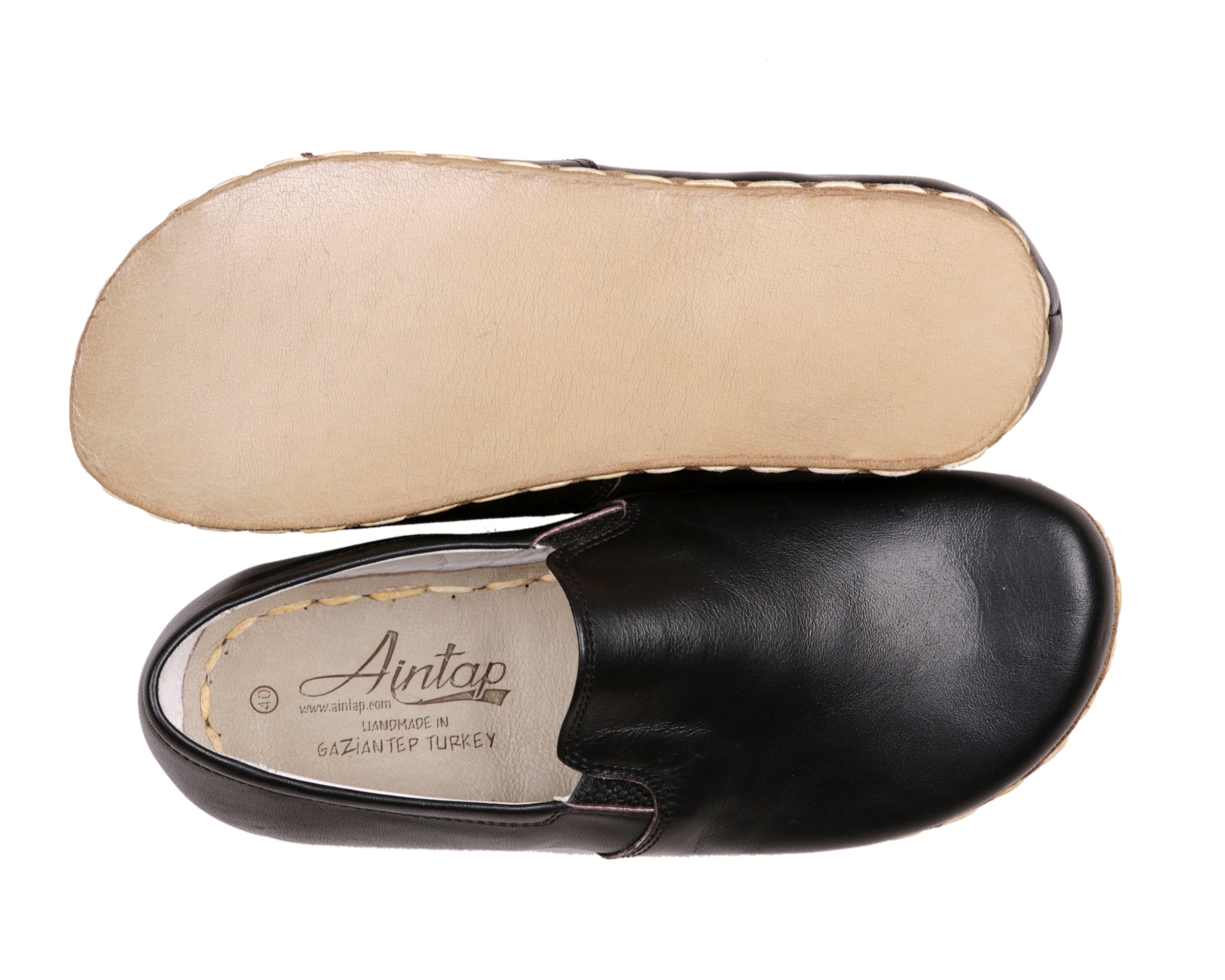 Black Slip-On Wide Barefoot Smooth Leather Handmade Sport Shoes Slip-On Leather Outsole