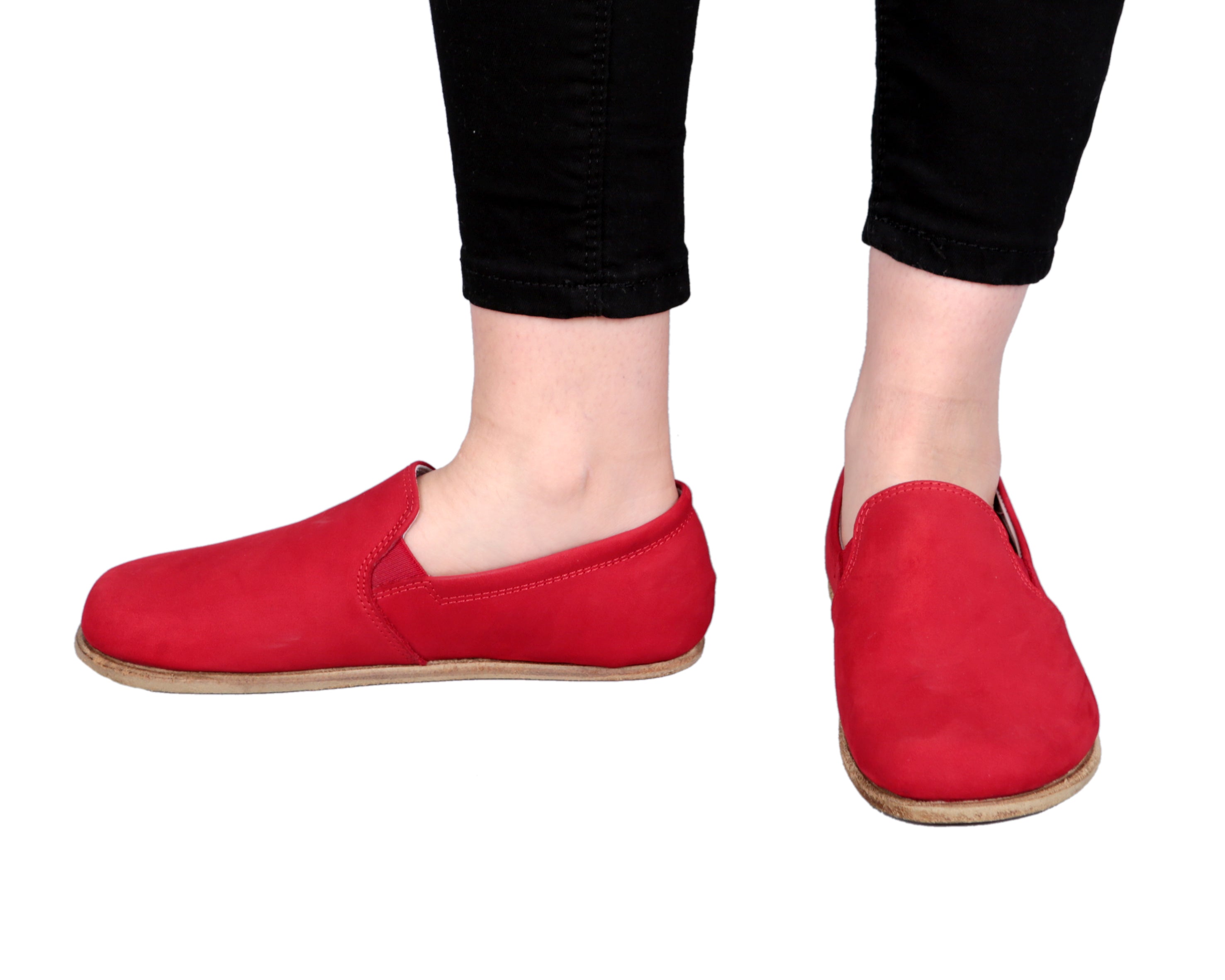 Red Slip-On Wide Barefoot Nubuck Leather Handmade Classic Shoes 