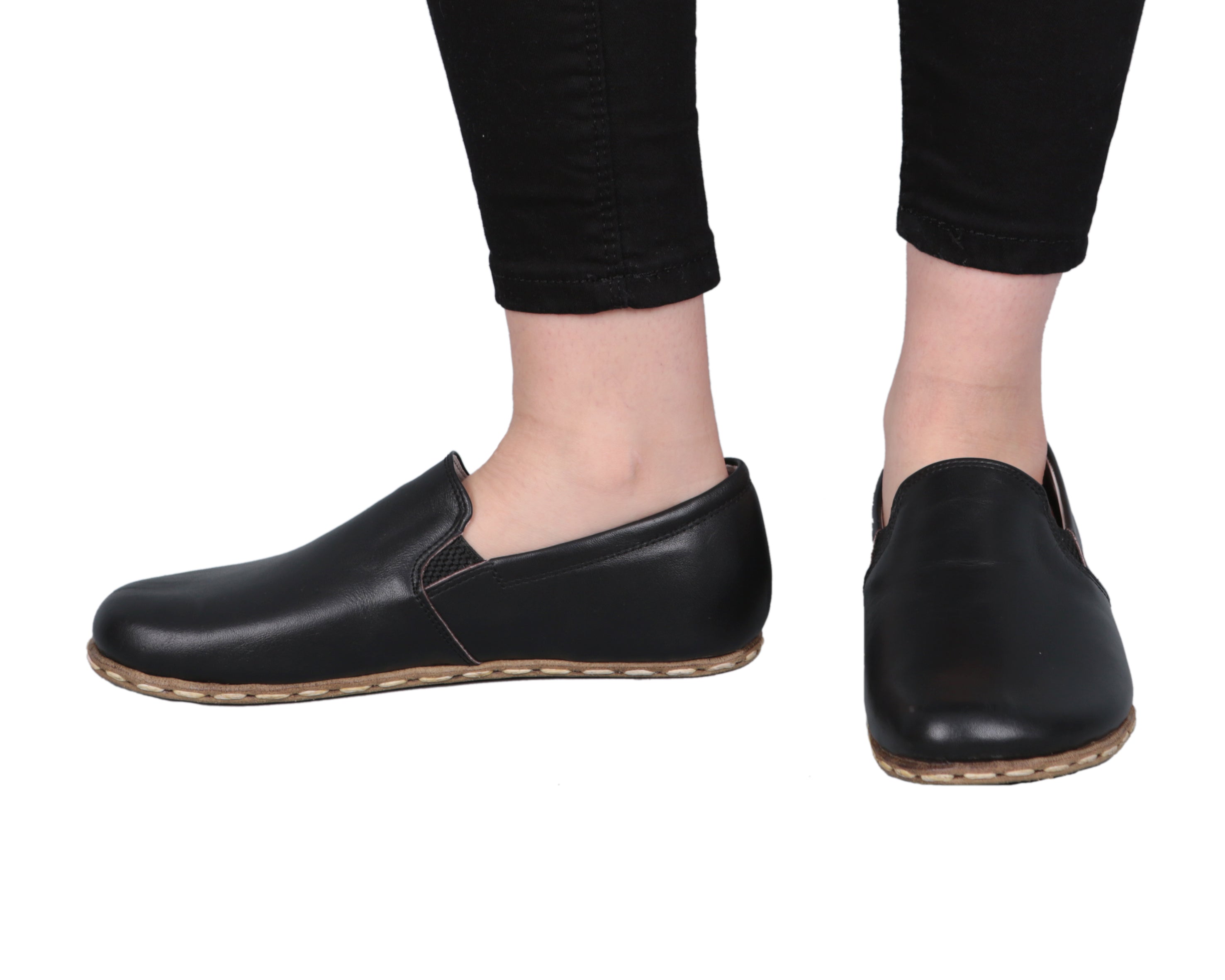 Black Slip-On Wide Barefoot Smooth Leather Handmade Sport Shoes