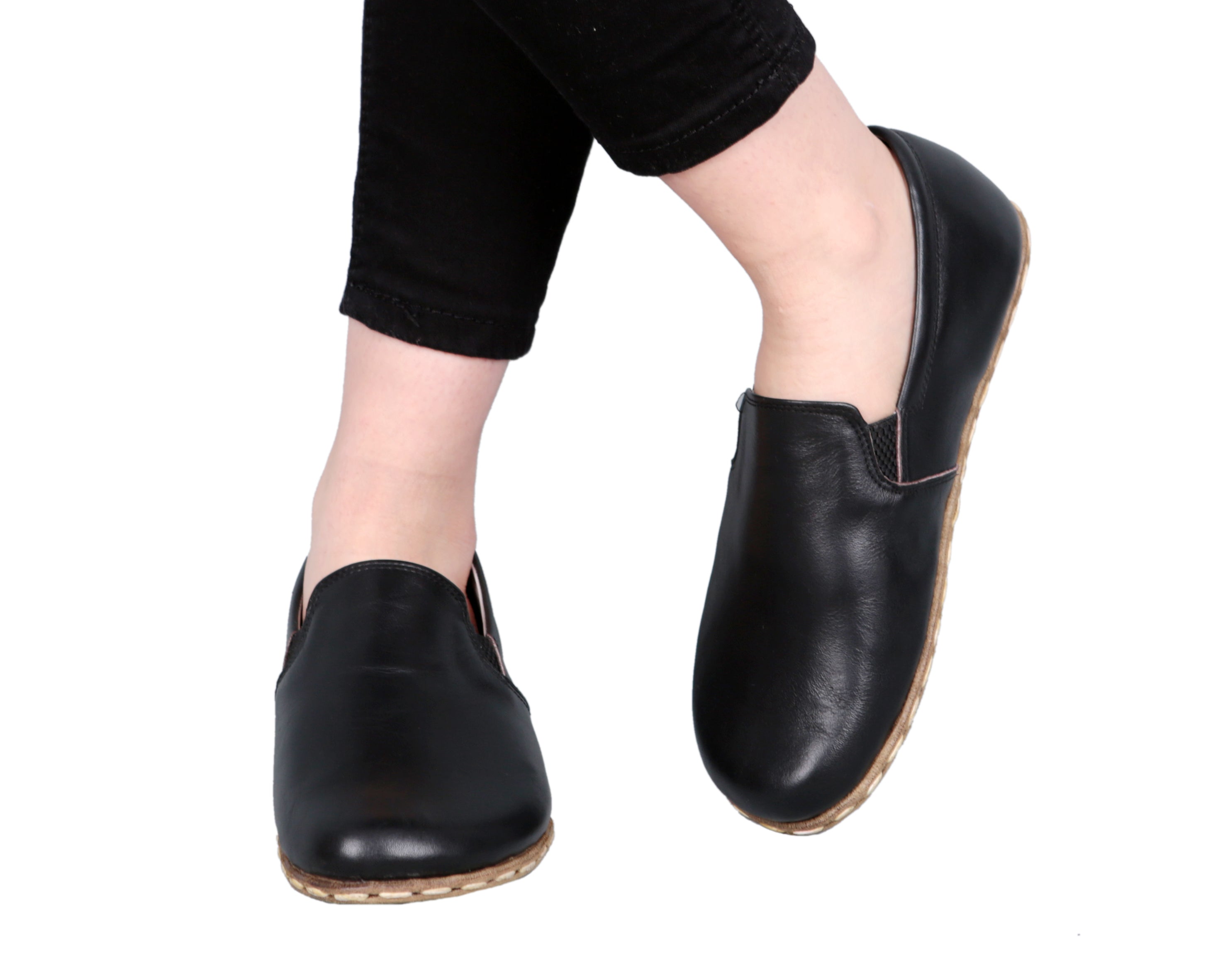 Black Slip-On Wide Barefoot Smooth Leather Handmade Sport Shoes