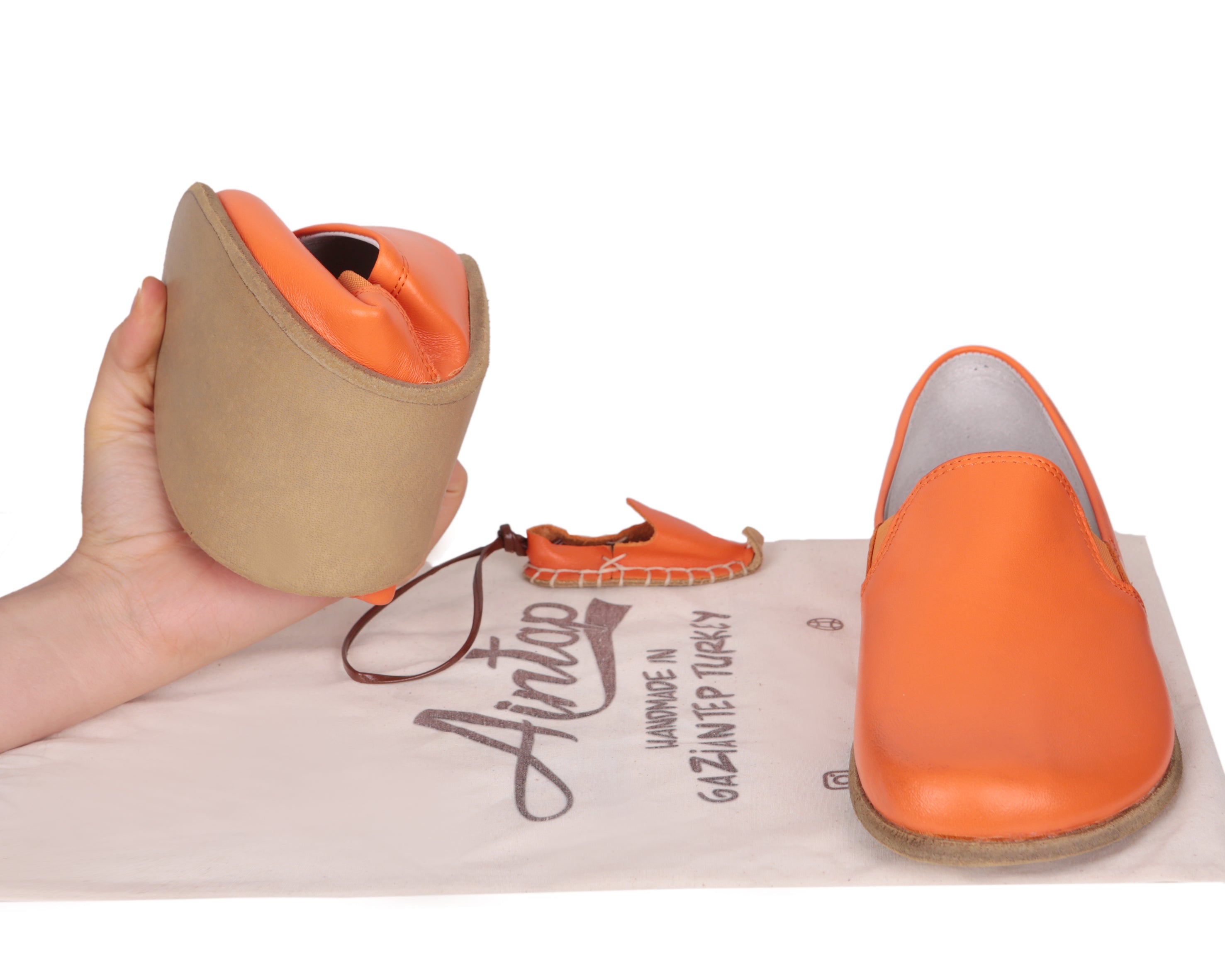 Orange Slip-On Wide Barefoot Smooth Leather Handmade Classic Shoes 