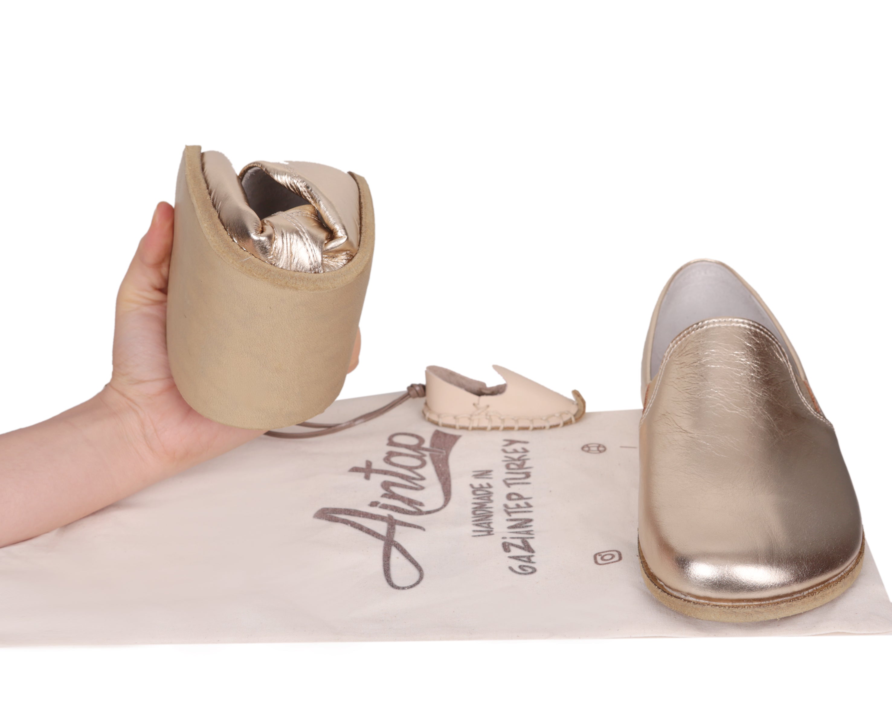 Gold Slip-On Wide Barefoot Smooth Leather Handmade Classic Shoes 