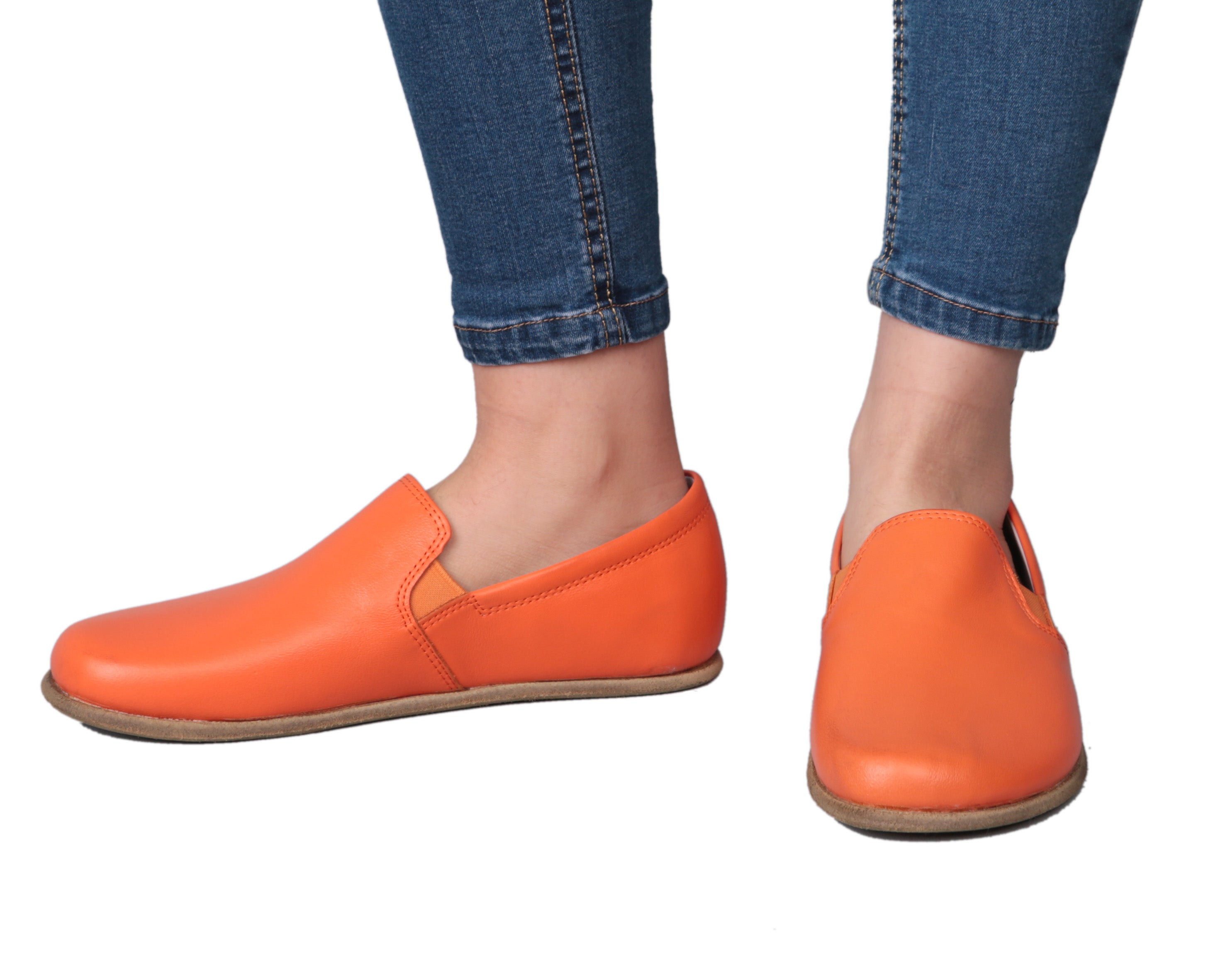 Orange Slip-On Wide Barefoot Smooth Leather Handmade Classic Shoes 
