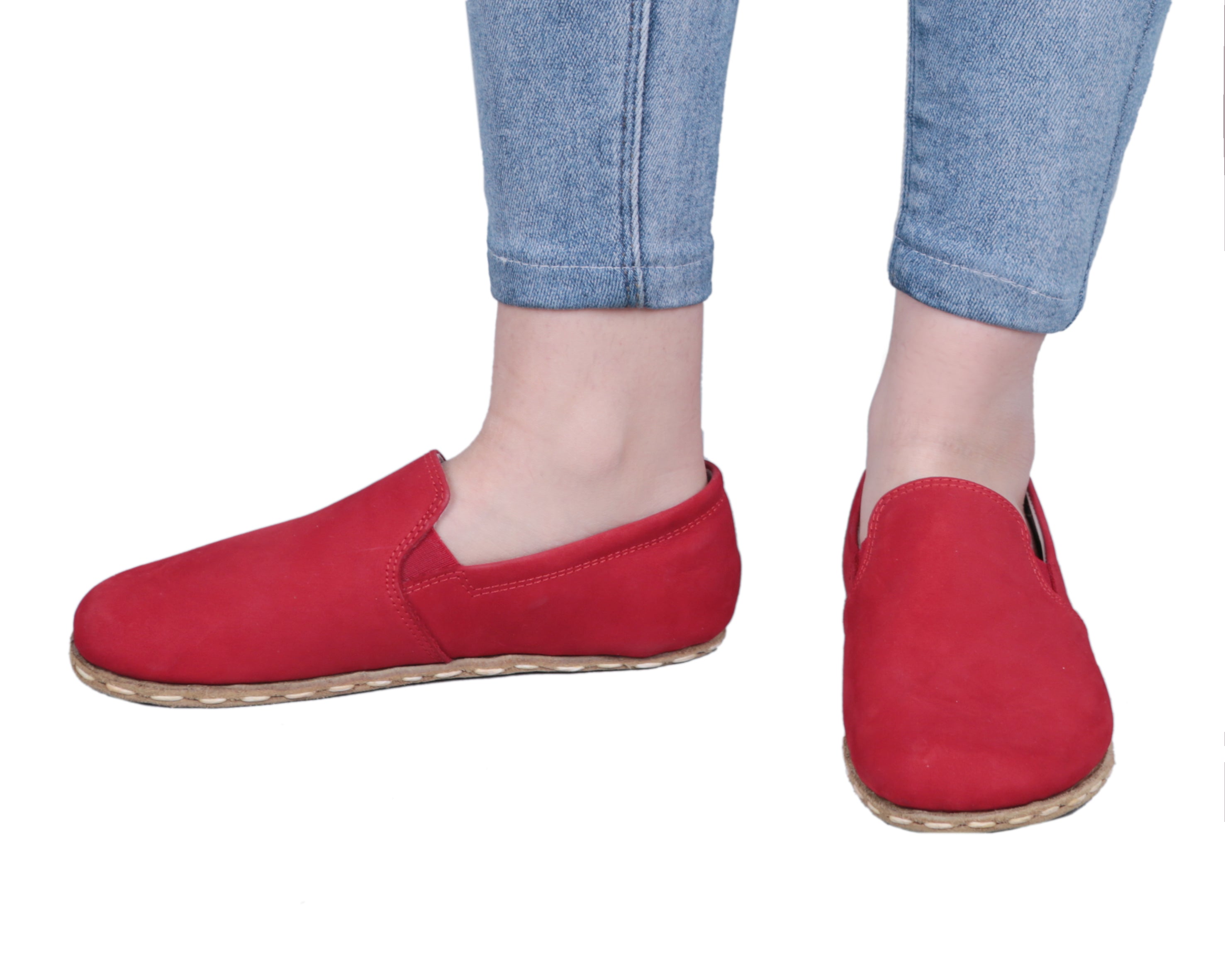 Red Slip-On Wide Barefoot Nubuck Leather Handmade Sport Shoes