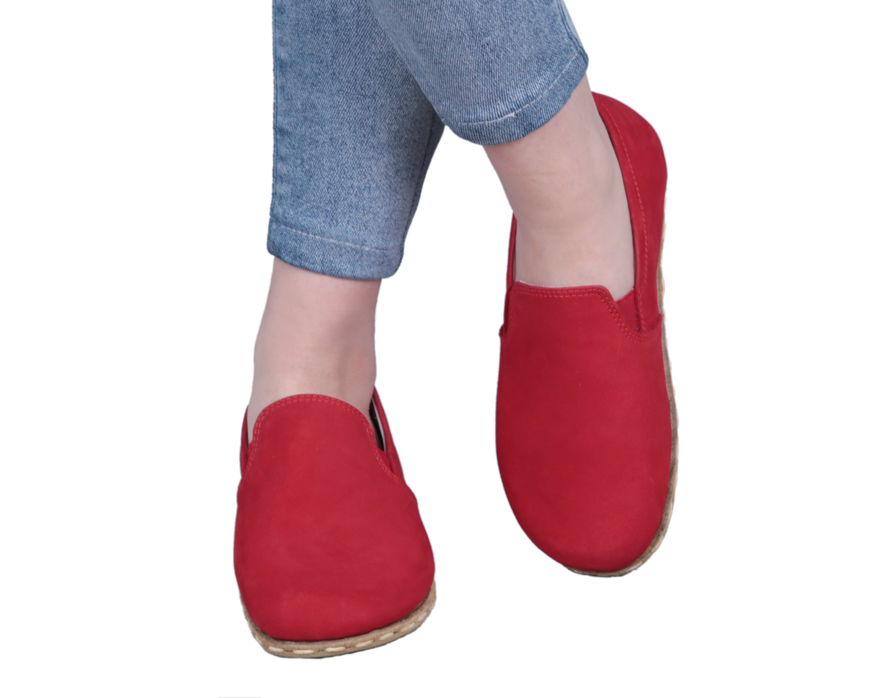 Red Slip-On Wide Barefoot Nubuck Leather Handmade Sport Shoes 