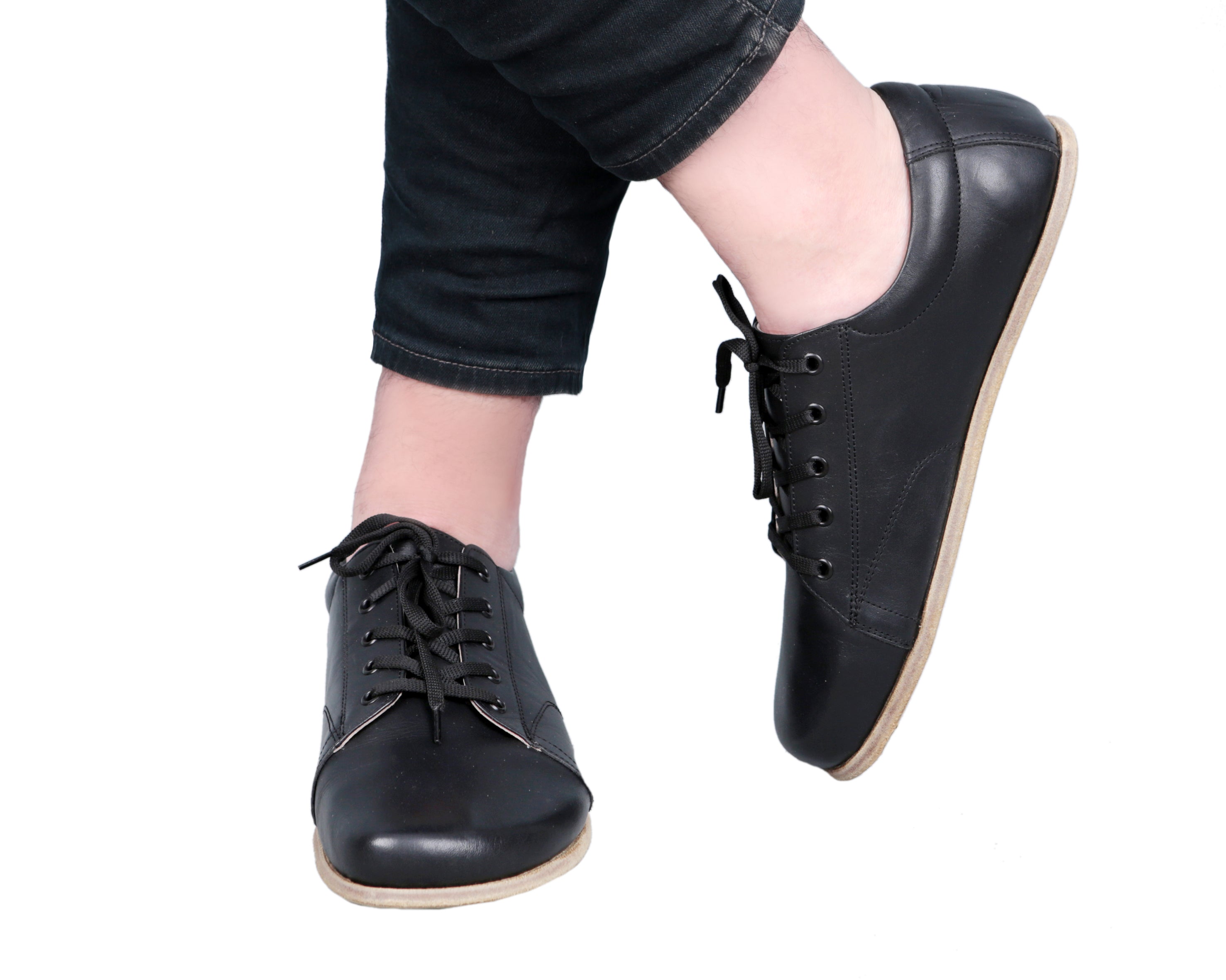 Black Sneaker Wide Barefoot Smooth Leather Handmade Shoes