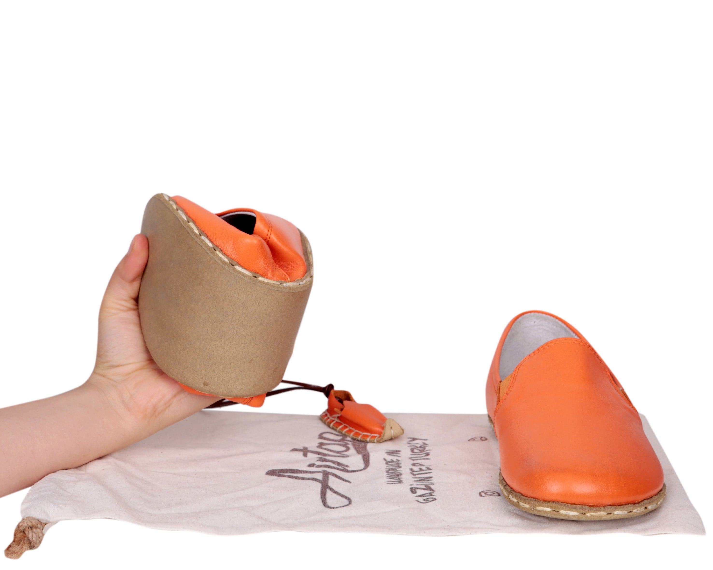 Orange Slip-On Wide Barefoot Smooth Leather Handmade Sport Shoes 