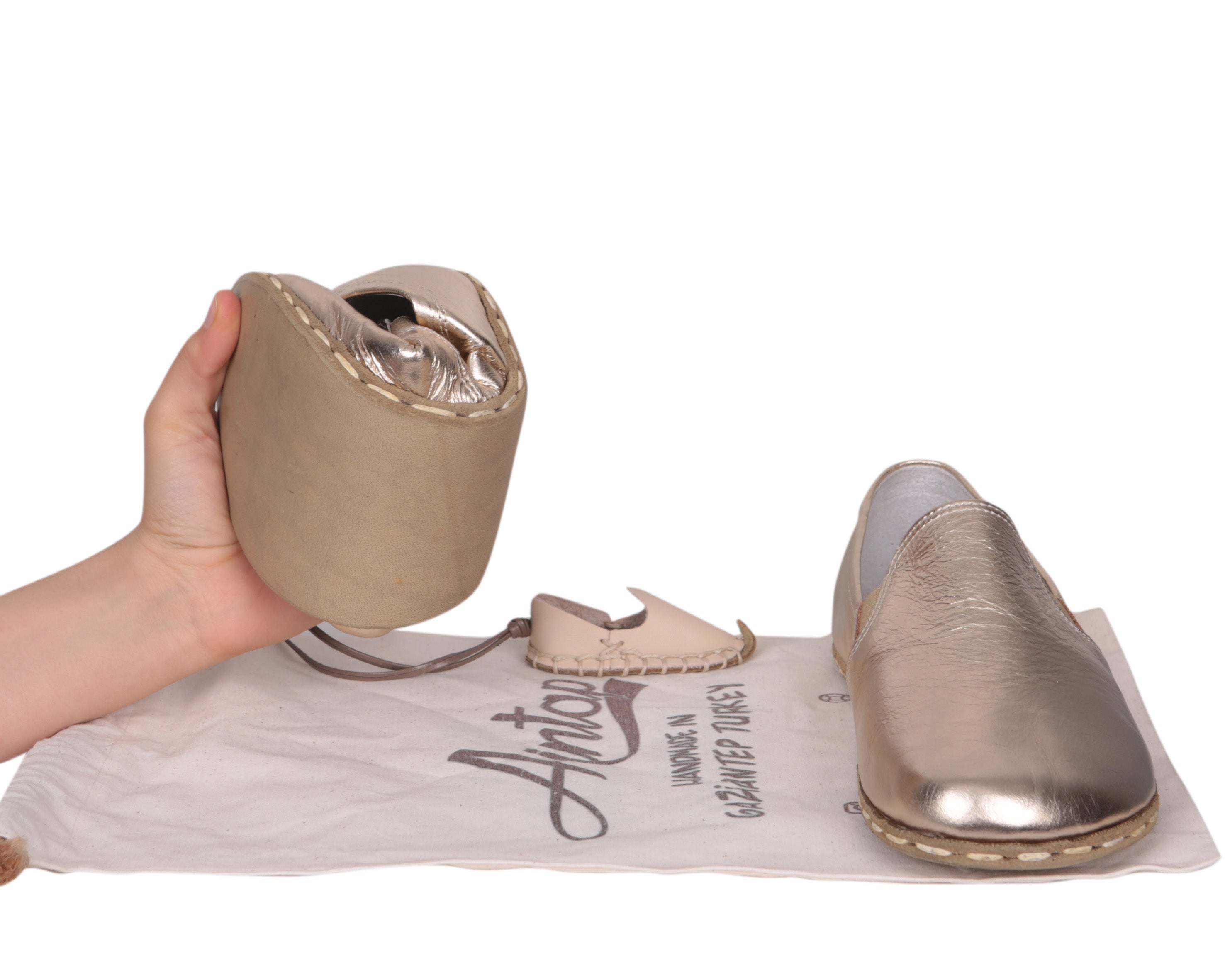 Gold Slip-On Wide Barefoot Smooth Leather Handmade Sport Shoes 
