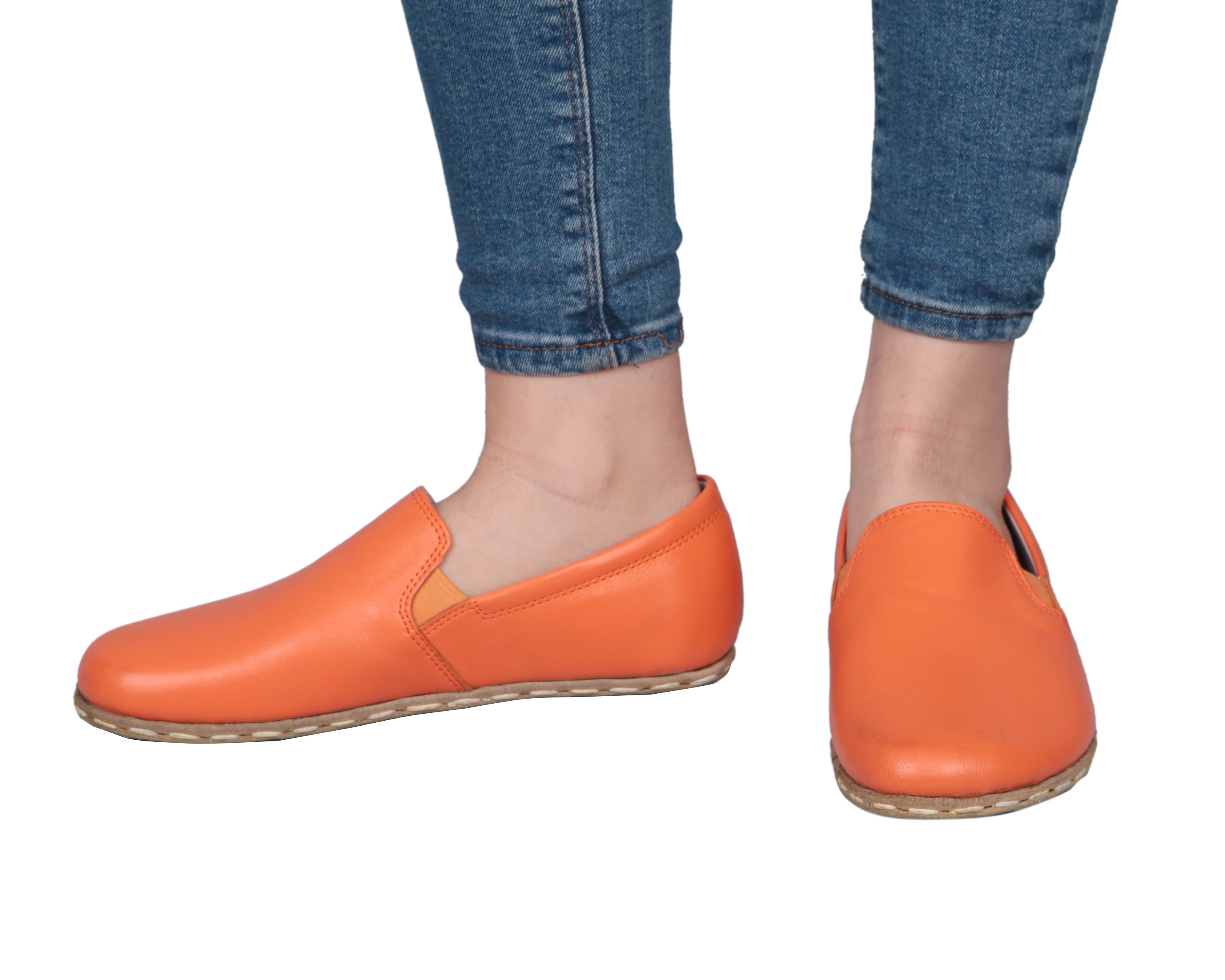 Orange Slip-On Wide Barefoot Smooth Leather Handmade Sport Shoes