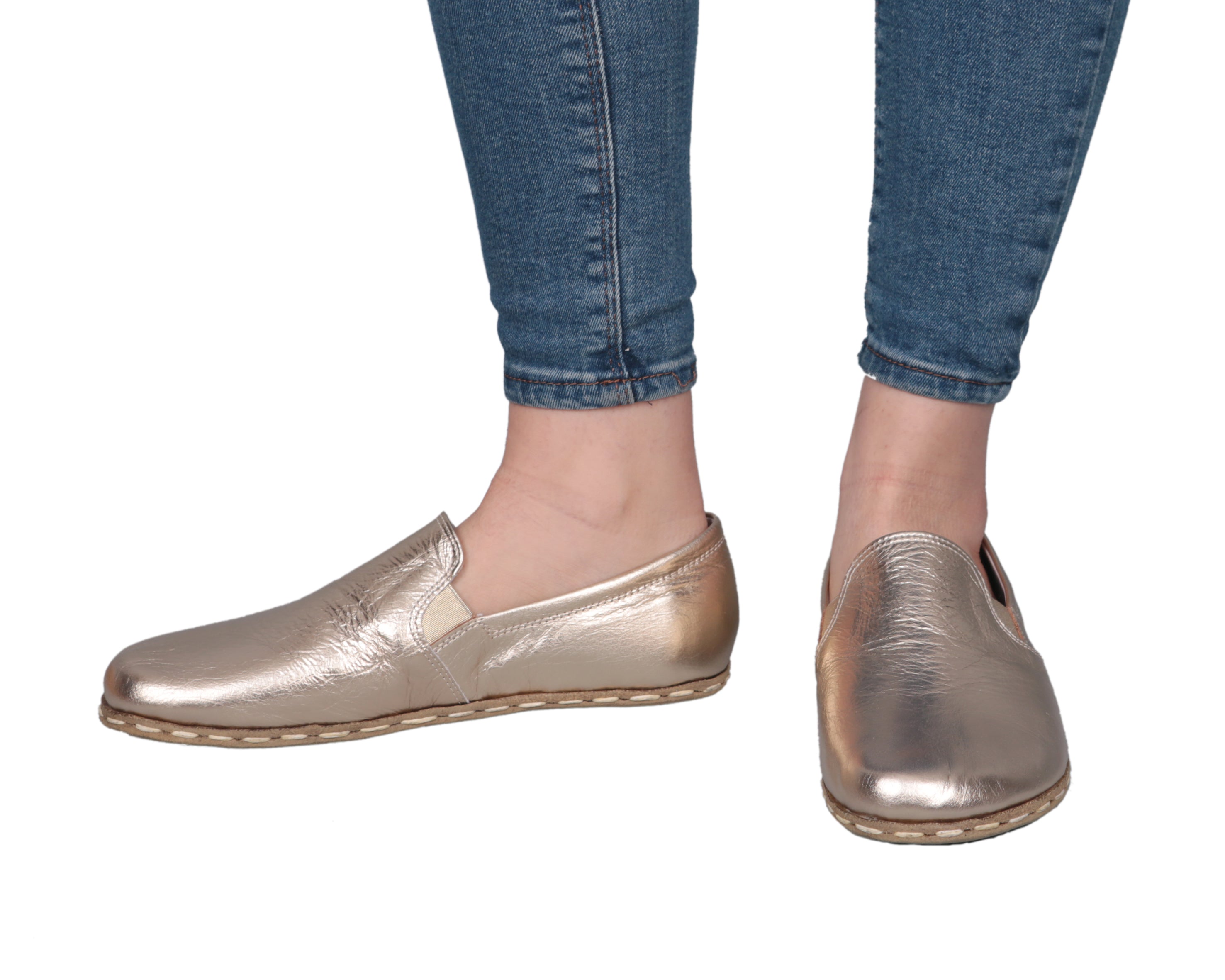 Gold Slip-On Wide Barefoot Smooth Leather Handmade Sport Shoes 