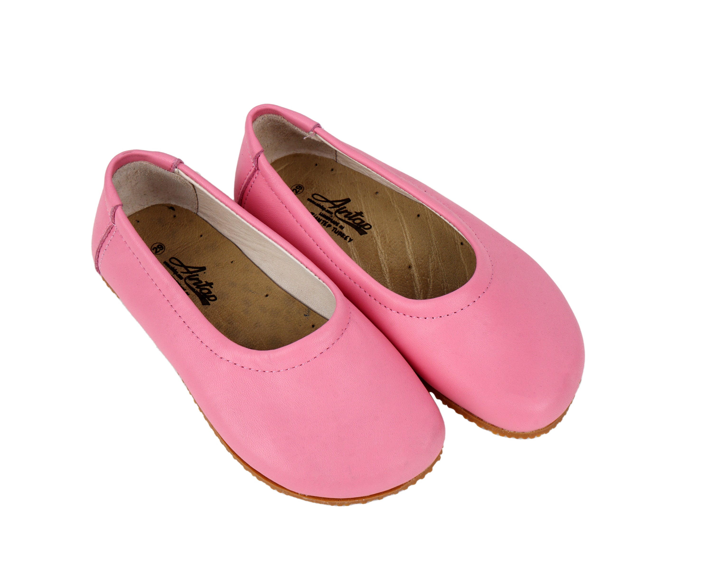 Pink  Kids Flat Ballet Wide Barefoot Shoes Smooth Leather Handmade Leather & Rubber Sole