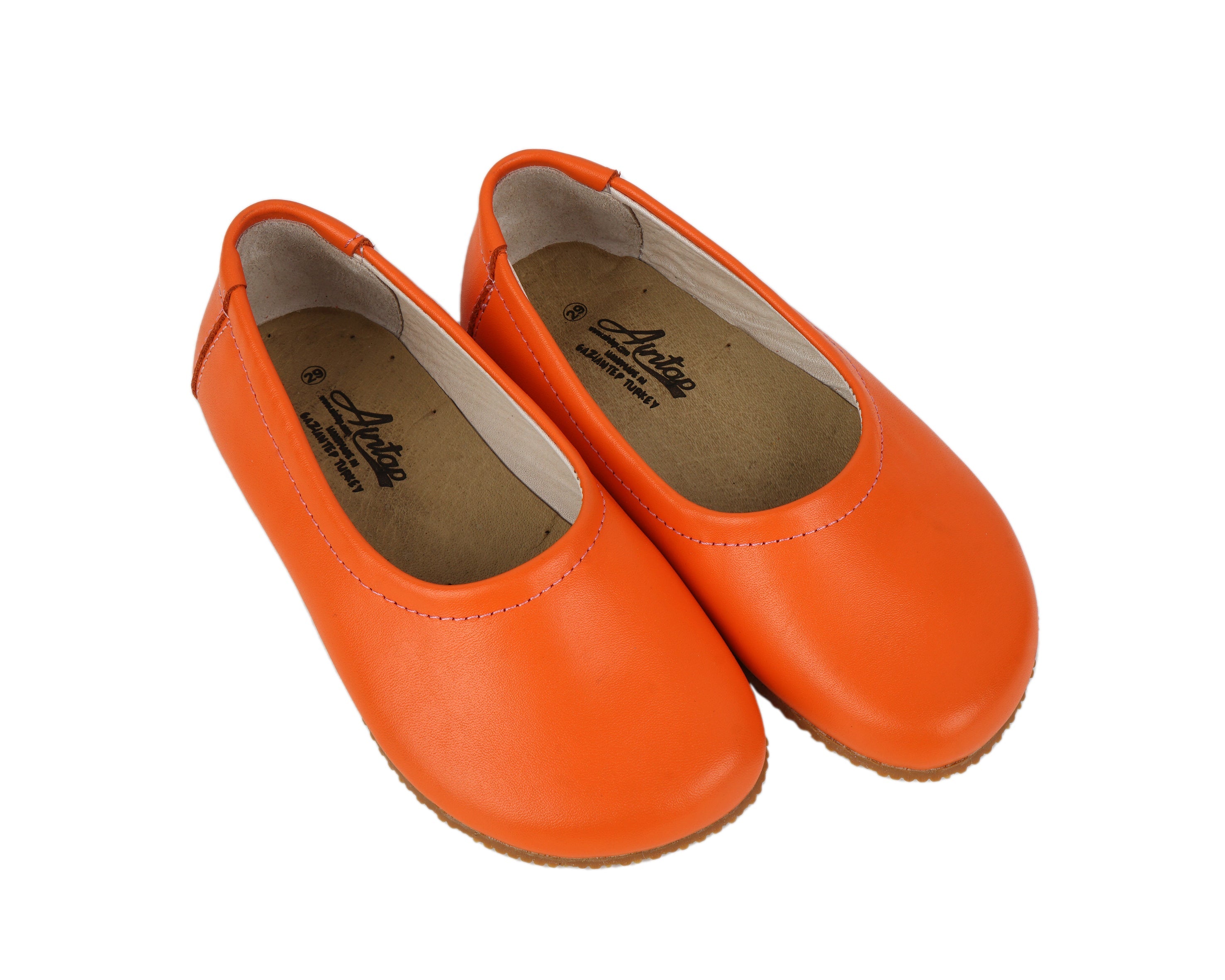 Orange Kids Flat Ballet Wide Barefoot Shoes Smooth Leather Handmade Leather & Rubber Sole 