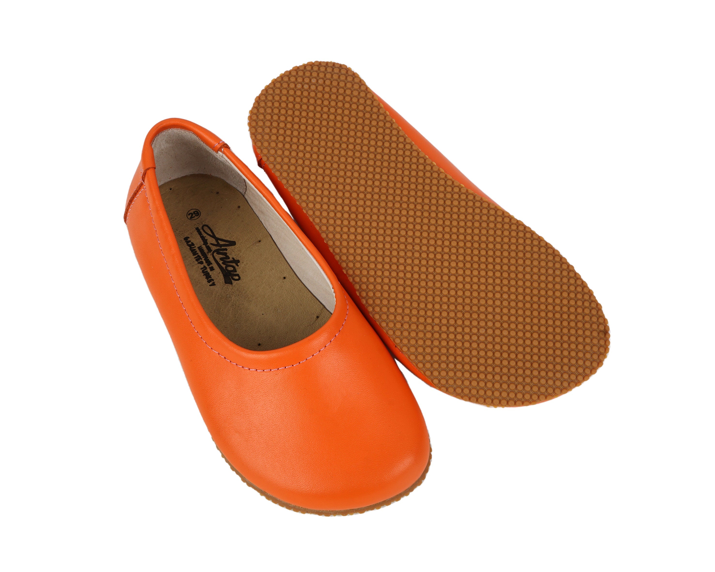 Orange Kids Flat Ballet Wide Barefoot Shoes Smooth Leather Handmade Leather & Rubber Sole 