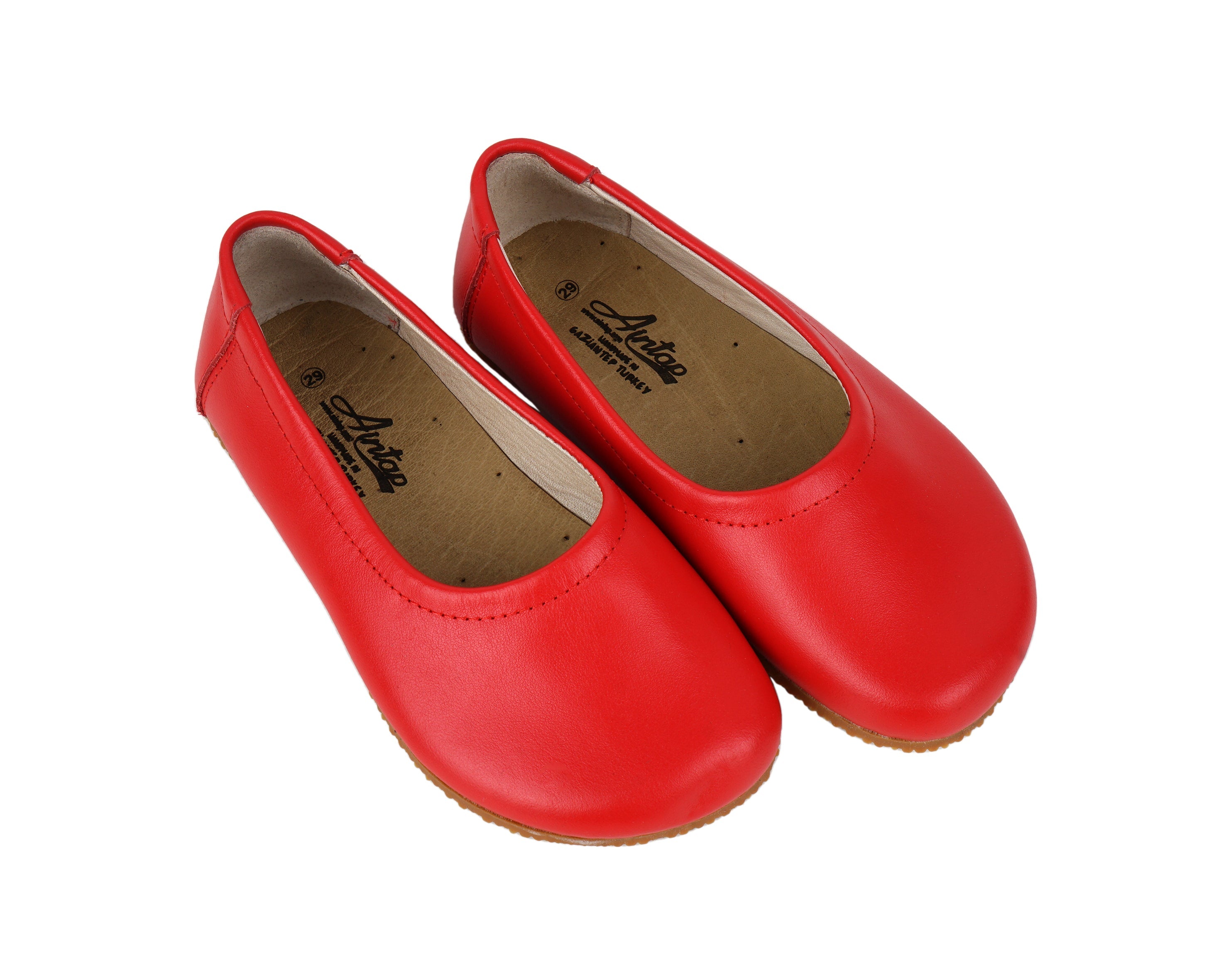 Red Kids Flat Ballet Wide Barefoot Shoes Smooth Leather Handmade Leather & Rubber Sole 