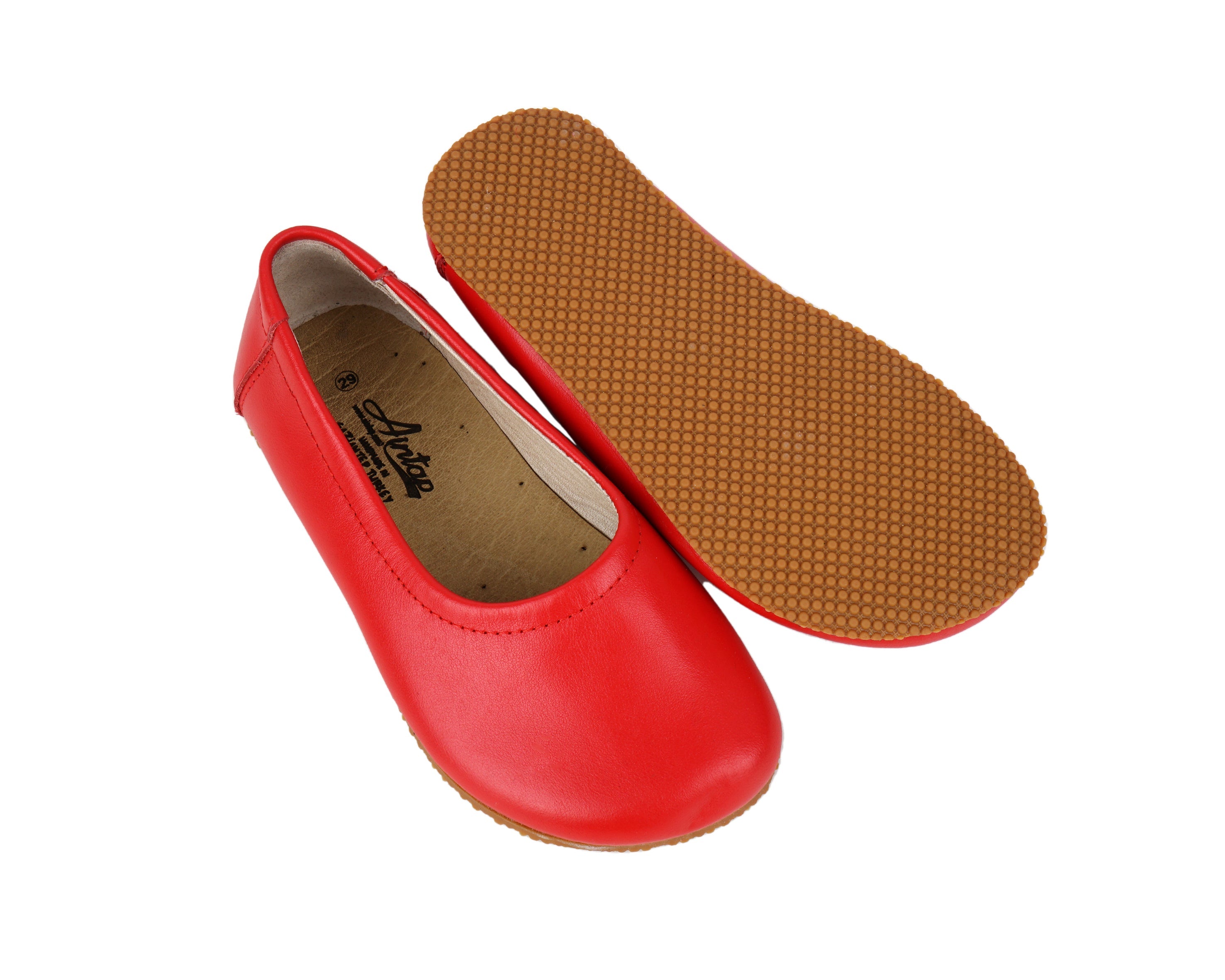 Red Kids Flat Ballet Wide Barefoot Shoes Smooth Leather Handmade Leather & Rubber Sole 