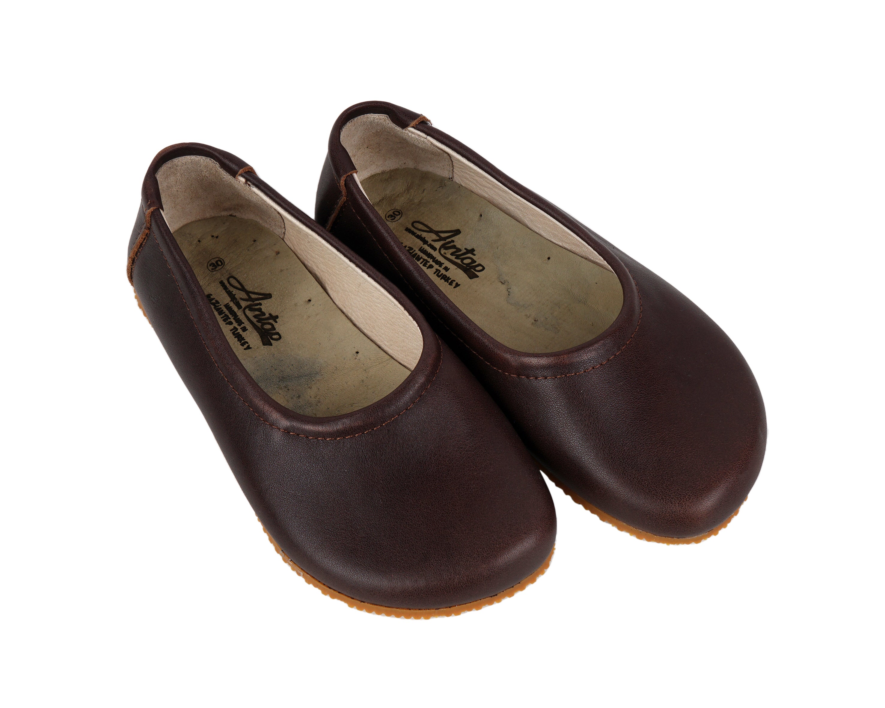 Dark Brown Kids Flat Ballet Wide Barefoot Shoes Smooth Leather Handmade Leather & Rubber Sole