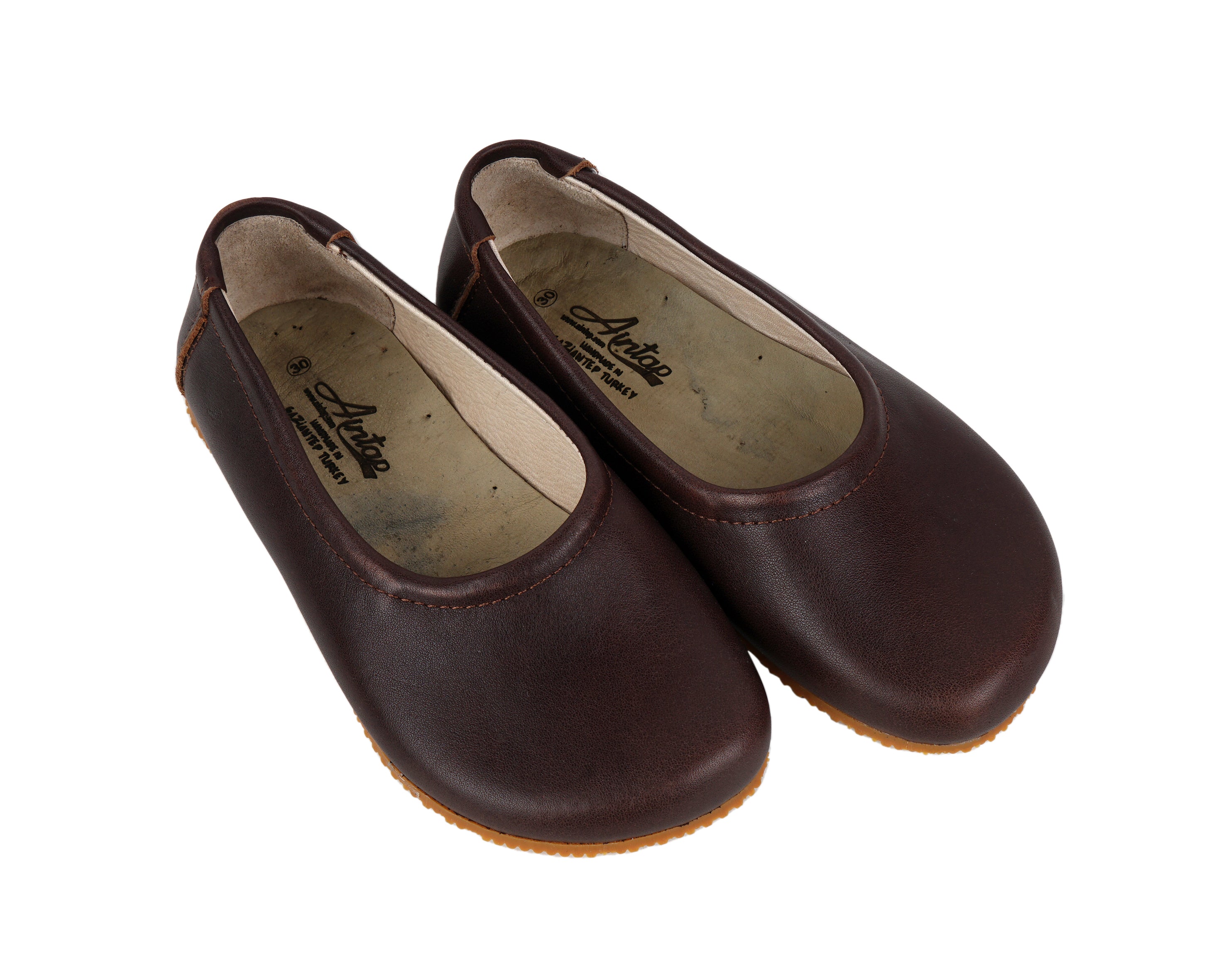 Dark Brown Kids Flat Ballet Wide Barefoot Shoes Smooth Leather Handmade Leather & Rubber Sole 