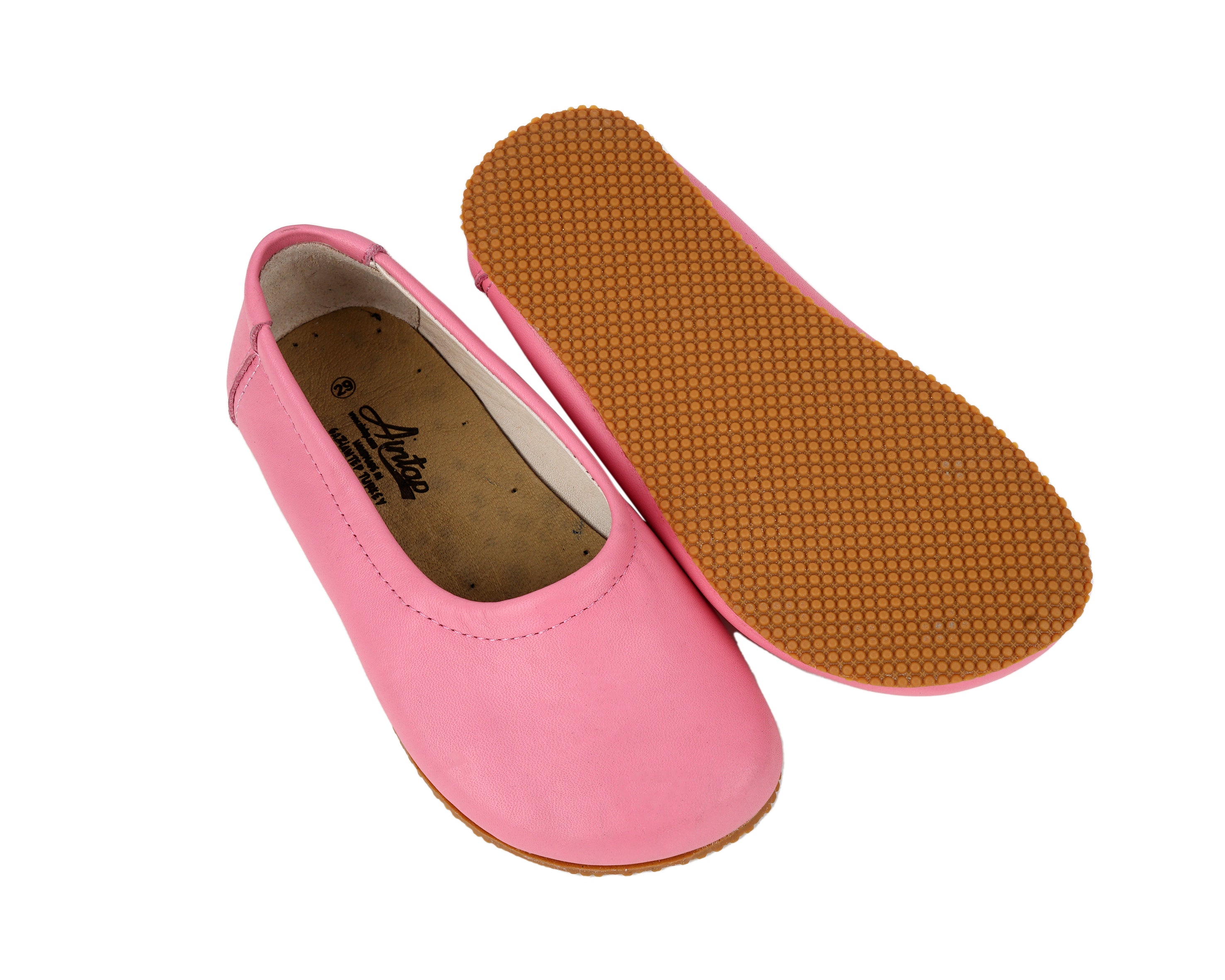 Pink  Kids Flat Ballet Wide Barefoot Shoes Smooth Leather Handmade Leather & Rubber Sole