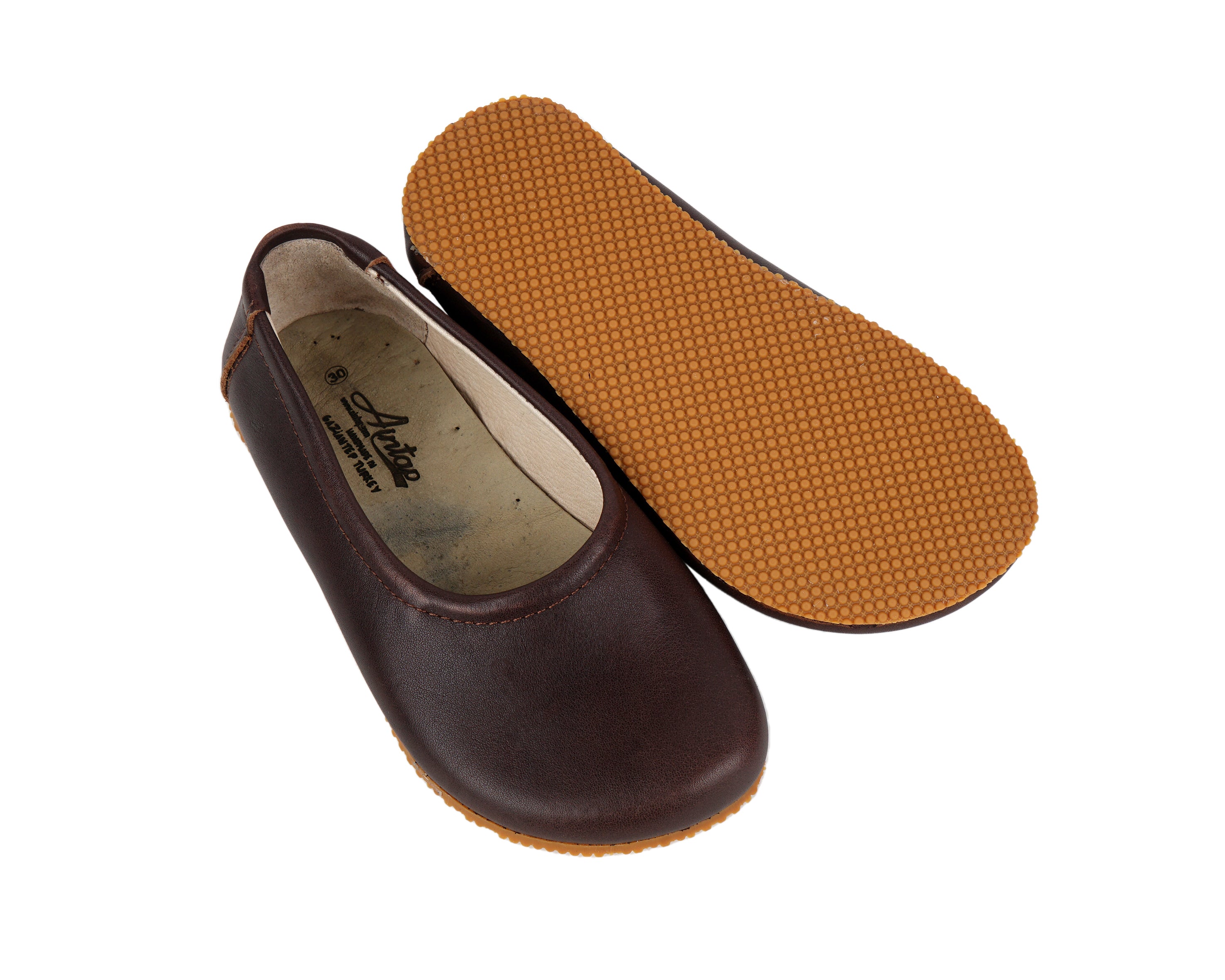 Dark Brown Kids Flat Ballet Wide Barefoot Shoes Smooth Leather Handmade Leather & Rubber Sole