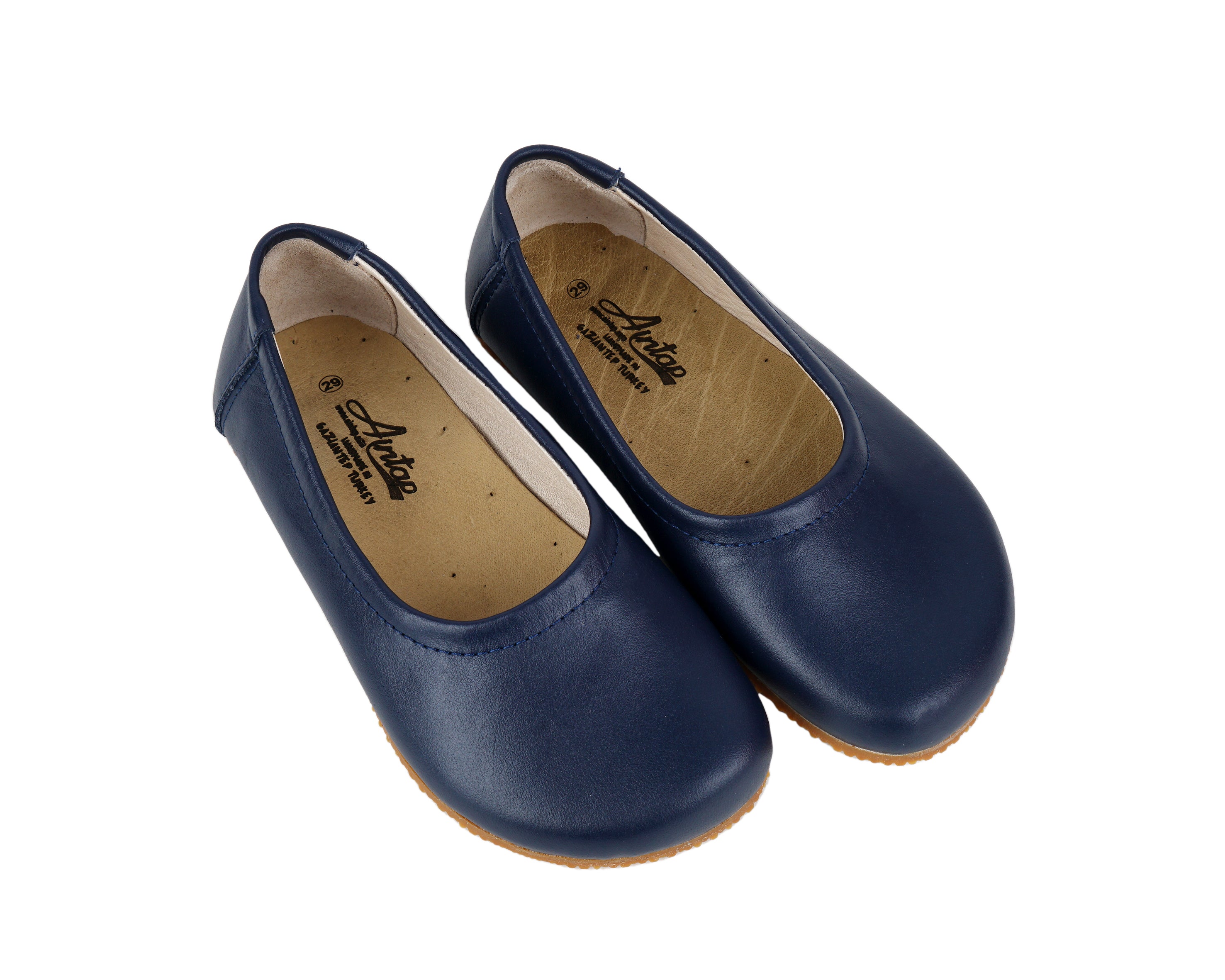 Navy Blue Kids Flat Ballet Wide Barefoot Shoes Smooth Leather Handmade Leather & Rubber Sole