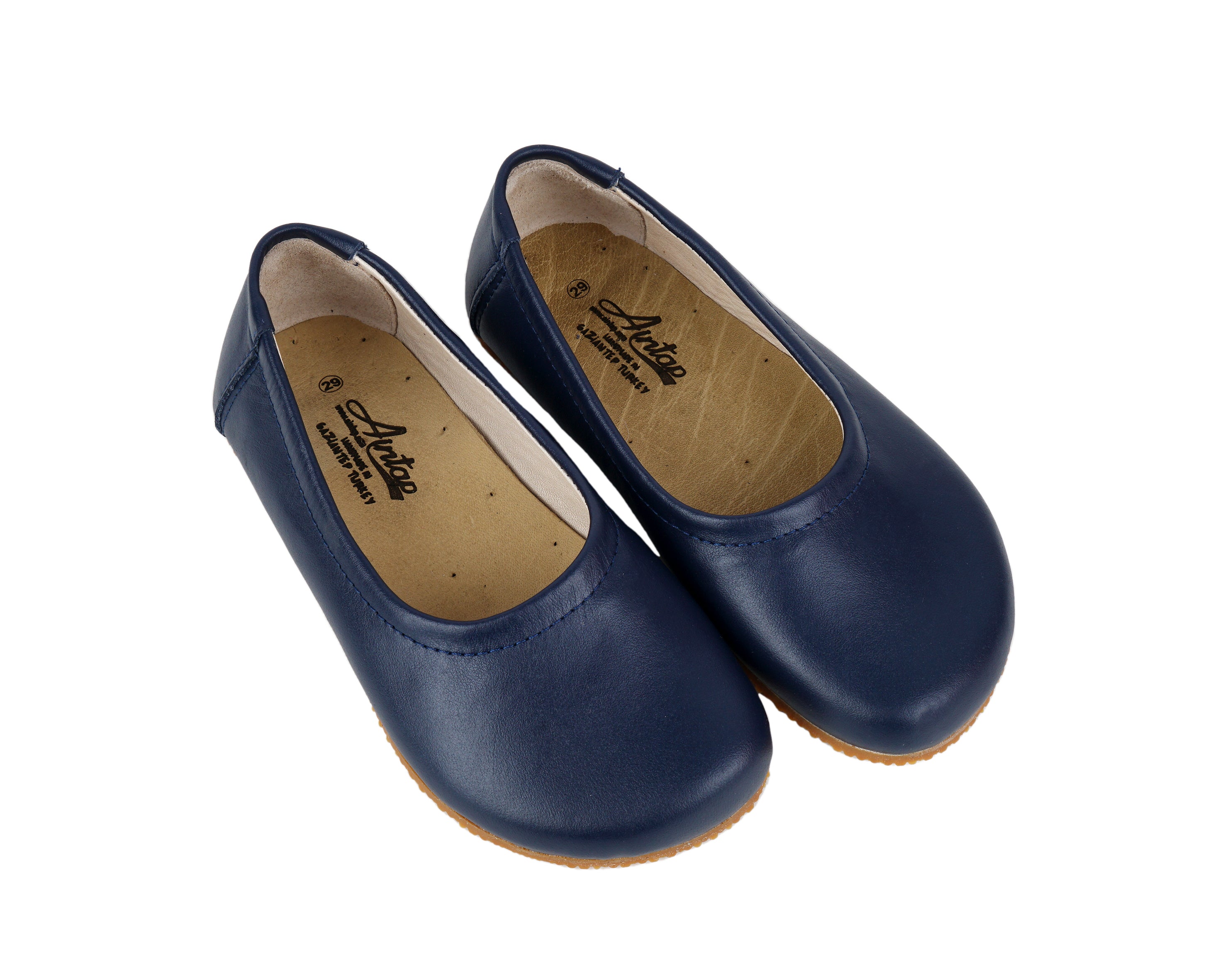Navy Blue Kids Flat Ballet Wide Barefoot Shoes Smooth Leather Handmade Leather & Rubber Sole 
