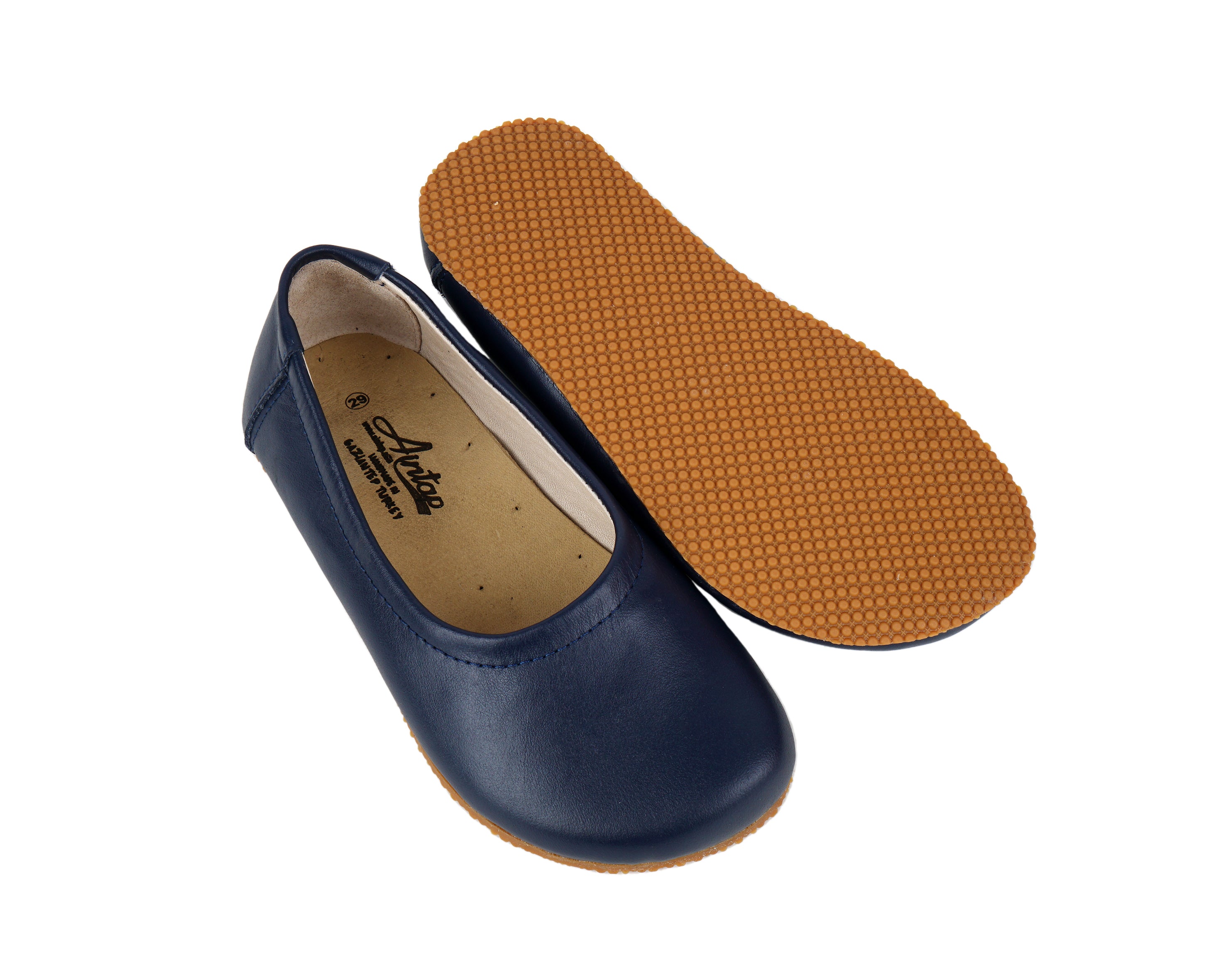 Navy Blue Kids Flat Ballet Wide Barefoot Shoes Smooth Leather Handmade Leather & Rubber Sole