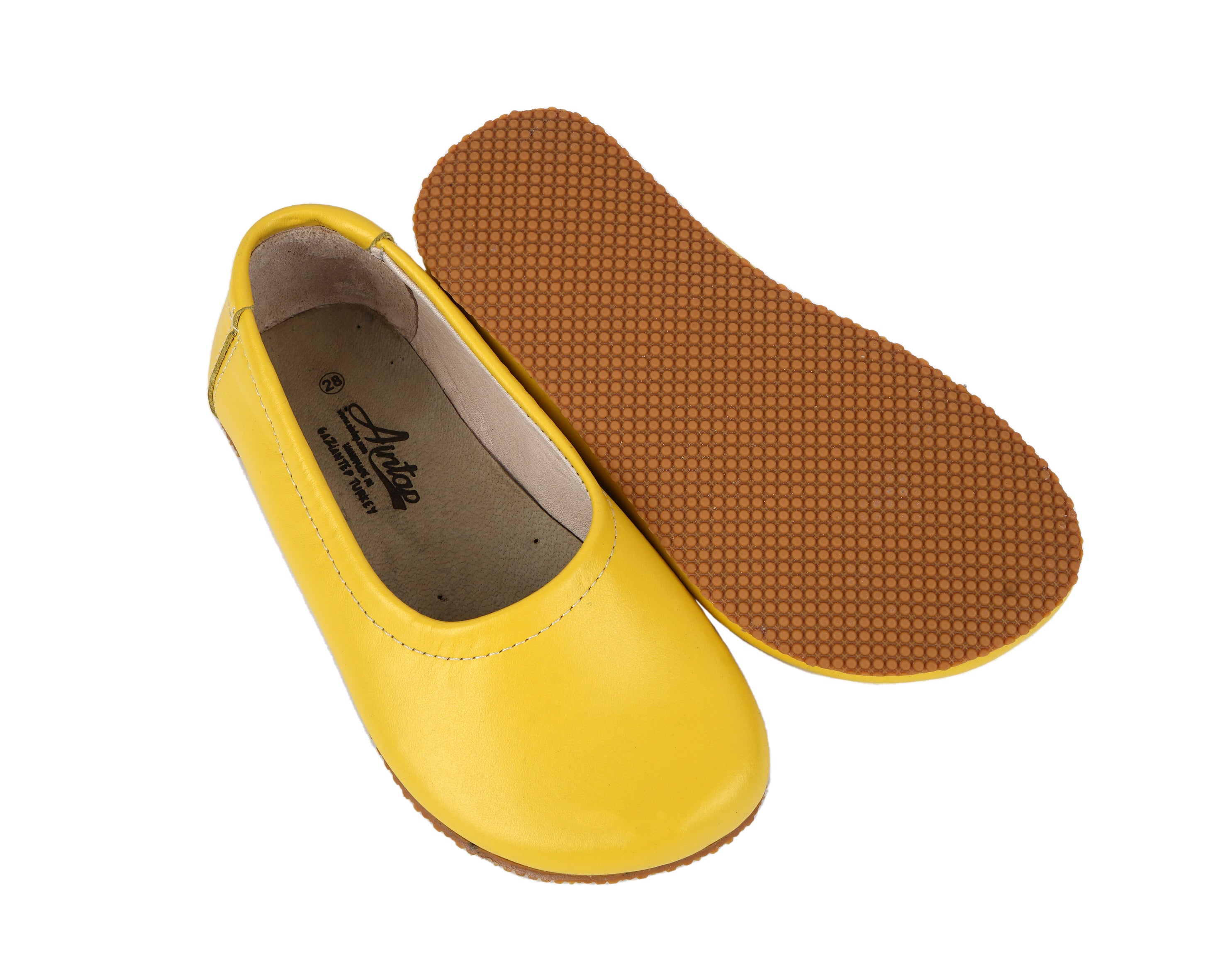 Yellow Kids Flat Ballet Wide Barefoot Shoes Smooth Leather Handmade Leather & Rubber Sole