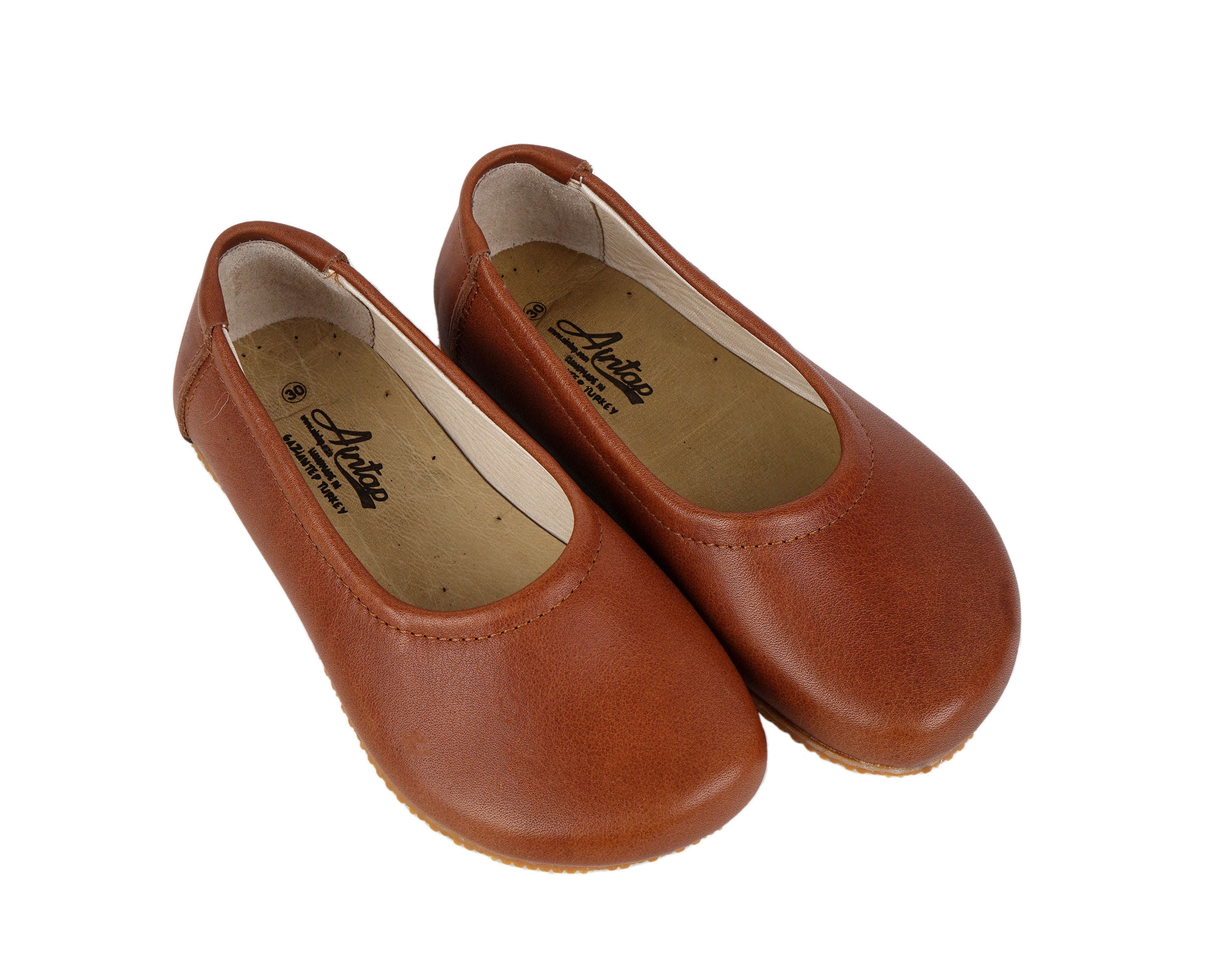 Brown Kids Flat Ballet Wide Barefoot Shoes Smooth Leather Handmade Leather & Rubber Sole 