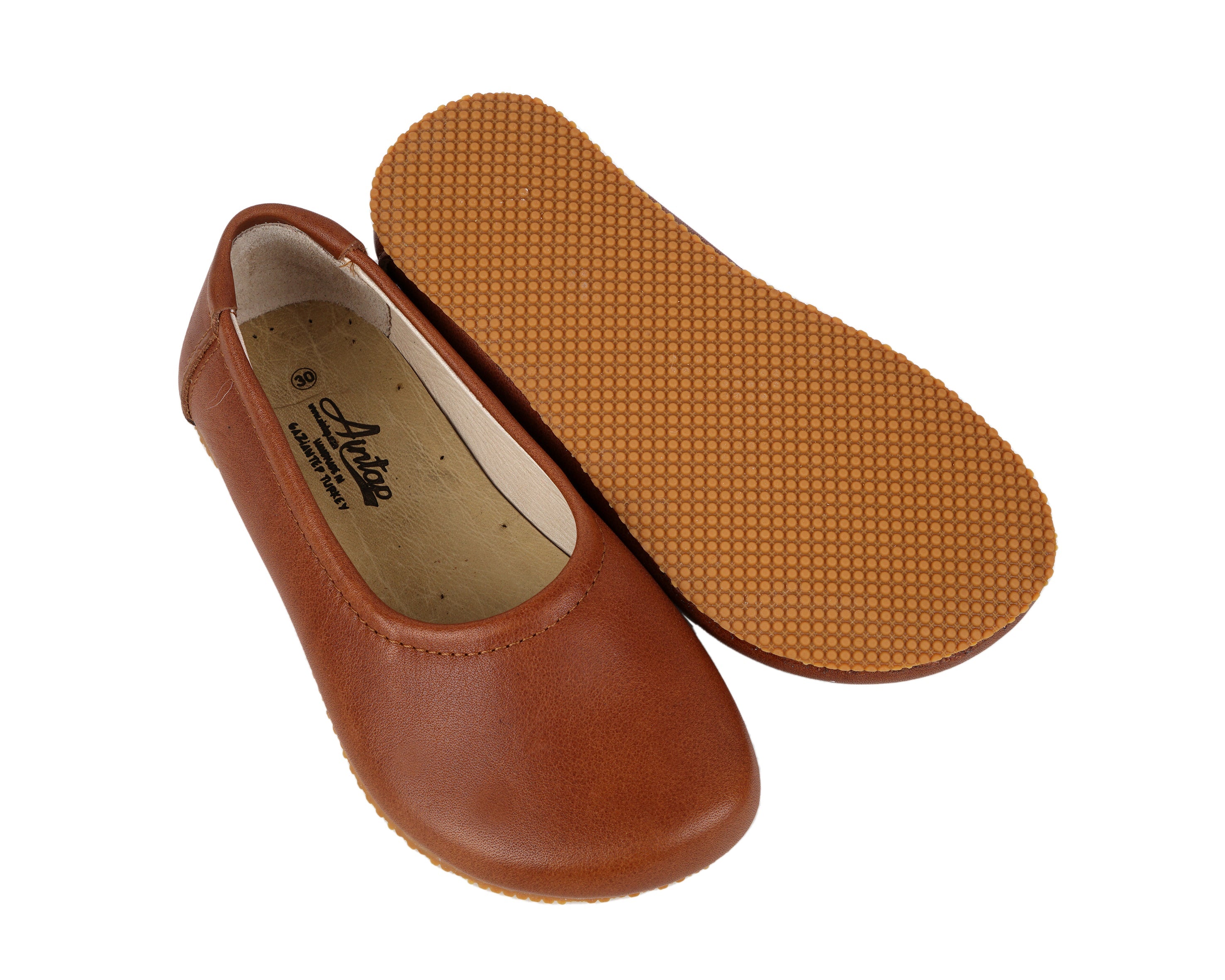 Brown Kids Flat Ballet Wide Barefoot Shoes Smooth Leather Handmade Leather & Rubber Sole 