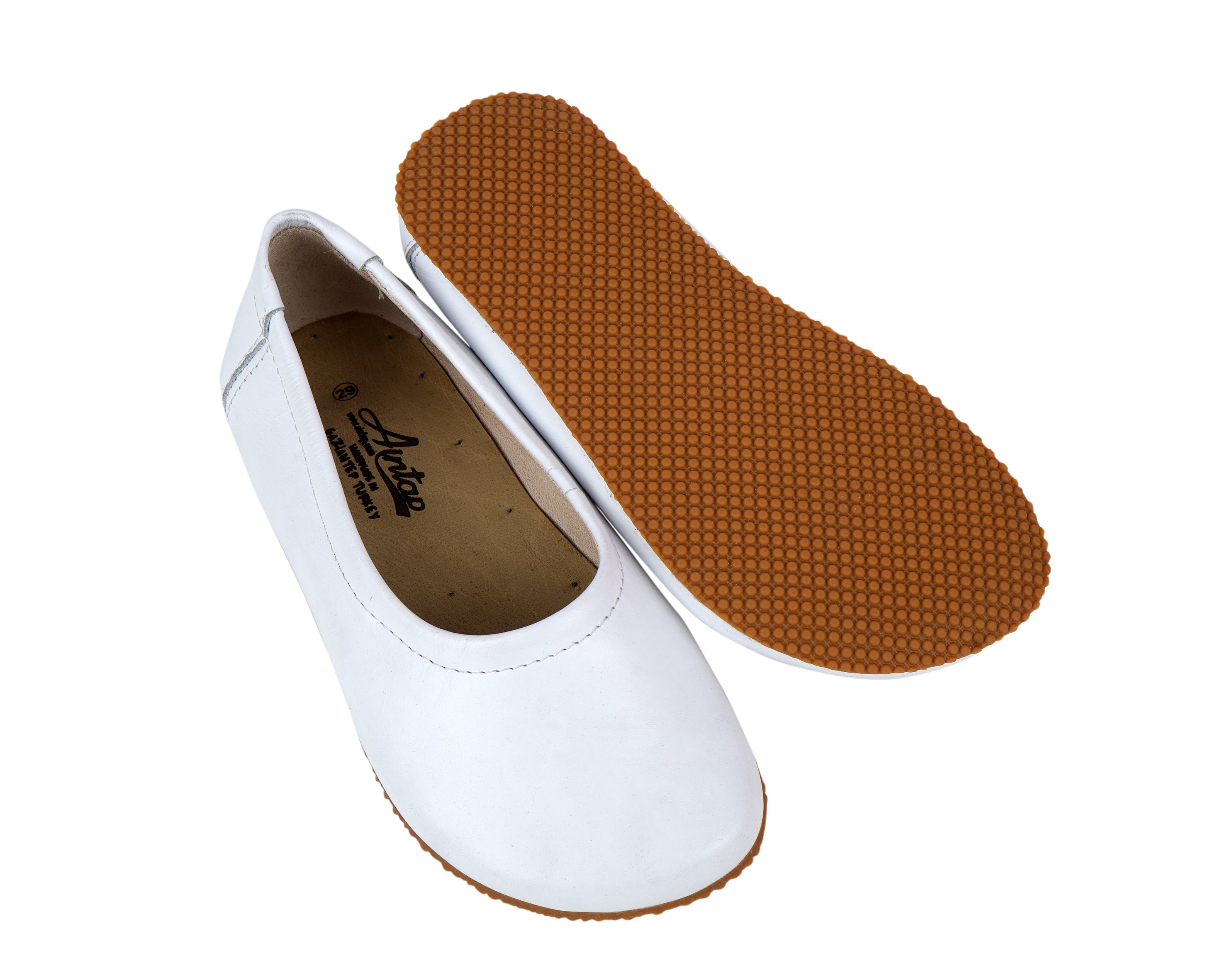 White Kids Flat Ballet Wide Barefoot Shoes Smooth Leather Handmade Leather & Rubber Sole 