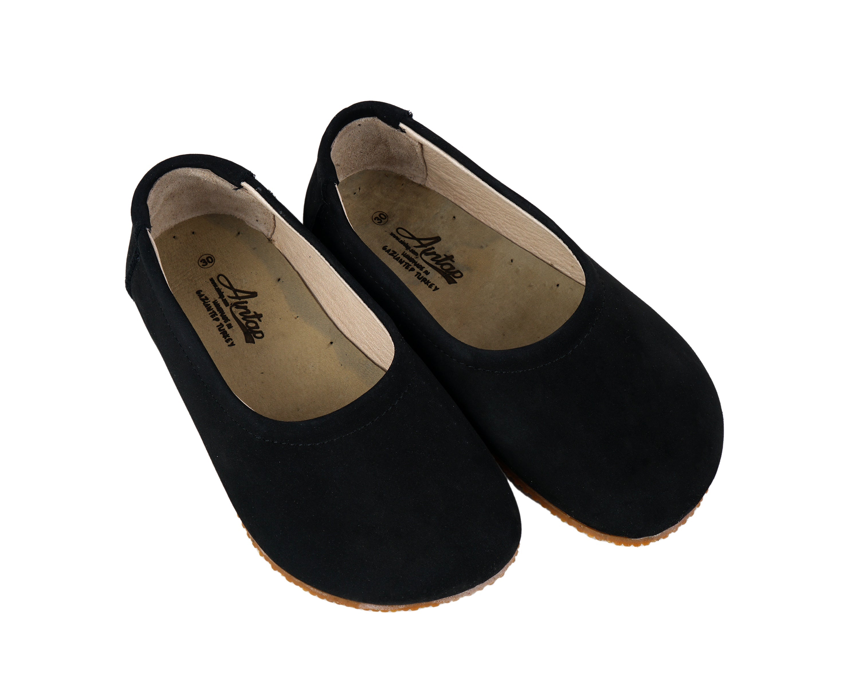 Black Kids Flat Ballet Wide Barefoot Shoes Nubuck Leather Handmade Leather & Rubber Sole 