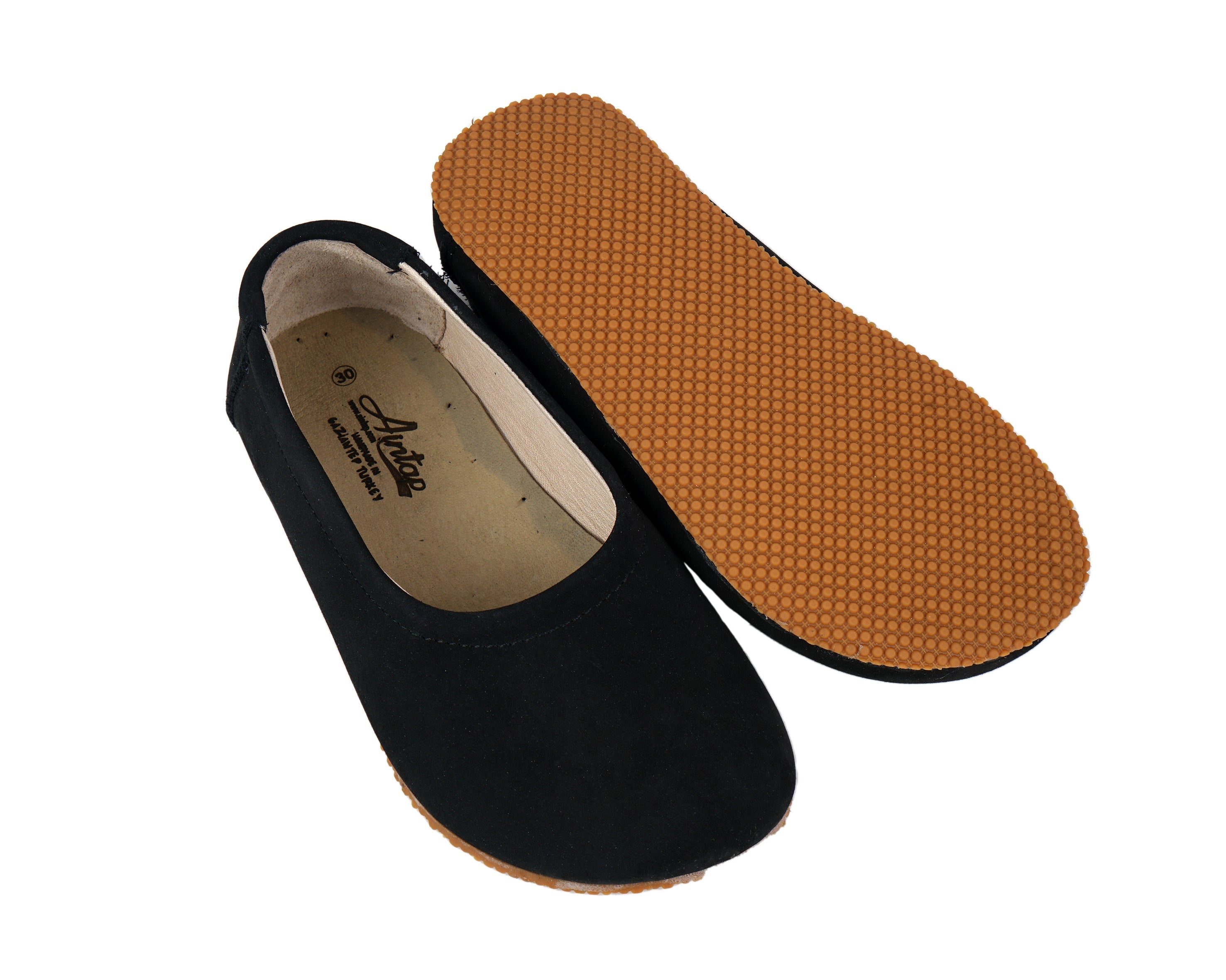 Black Kids Flat Ballet Wide Barefoot Shoes Nubuck Leather Handmade Leather & Rubber Sole 