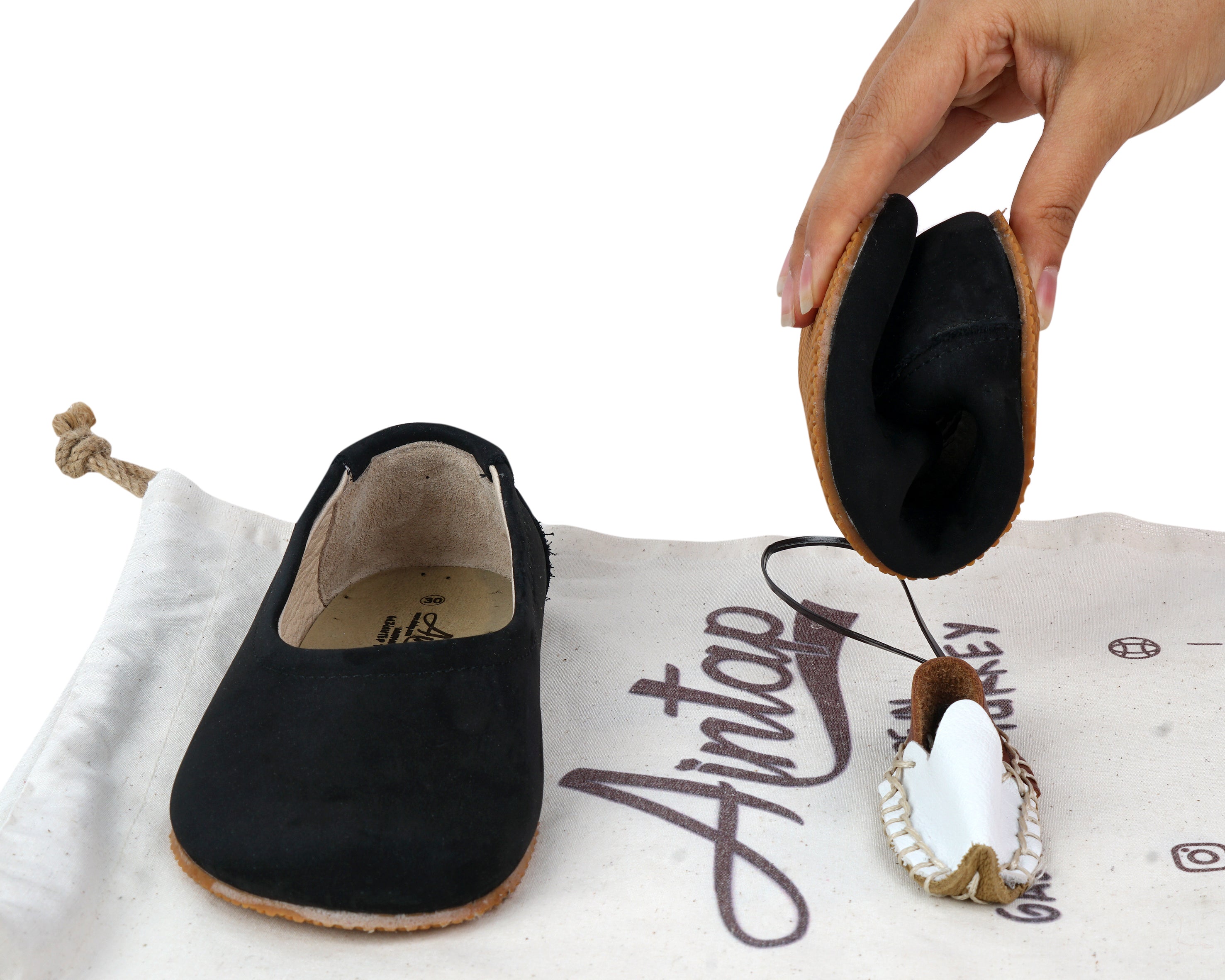 Black Kids Flat Ballet Wide Barefoot Shoes Nubuck Leather Handmade Leather & Rubber Sole 