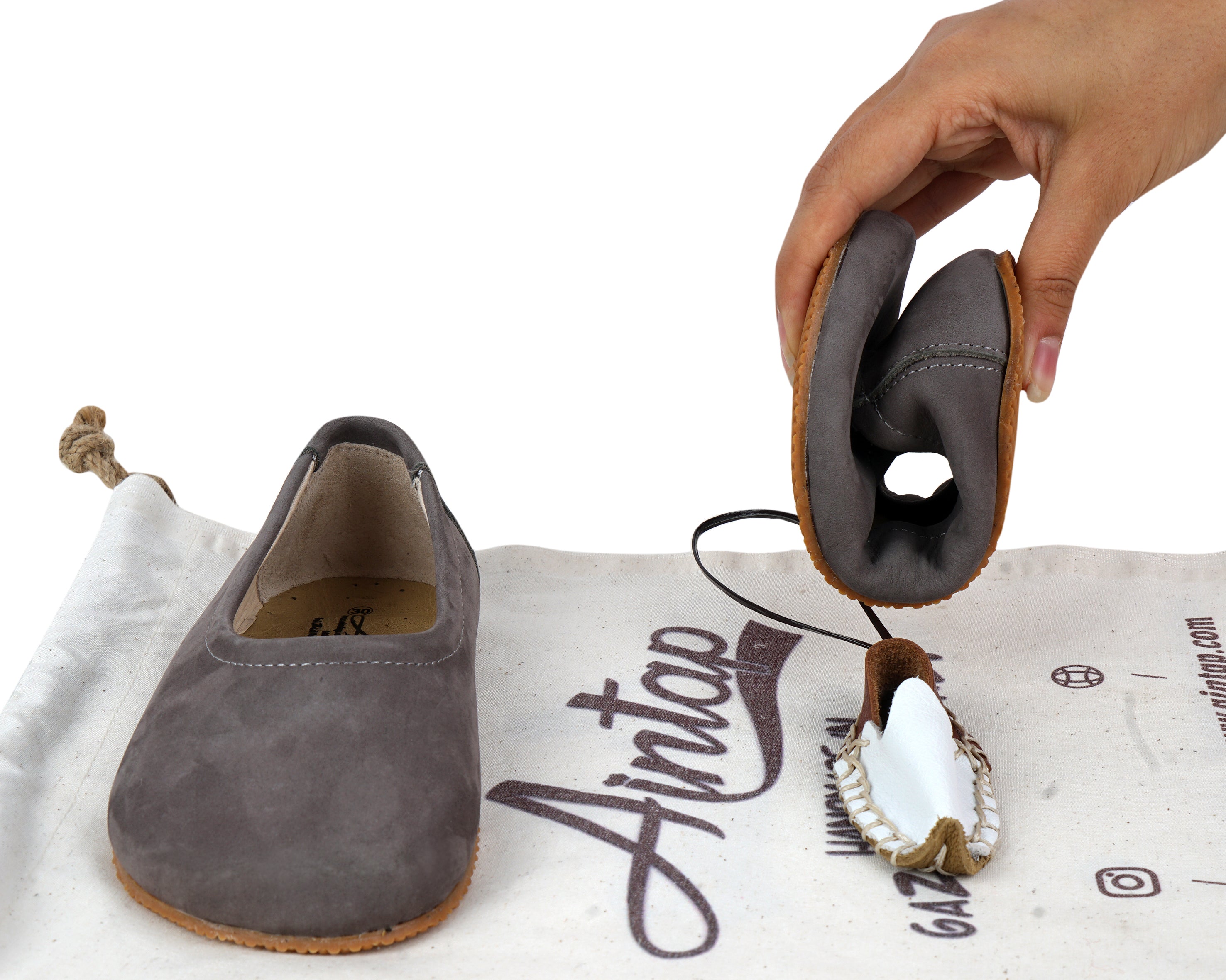 Gray Kids Flat Ballet Wide Barefoot Shoes Nubuck Leather Handmade Leather & Rubber Sole 