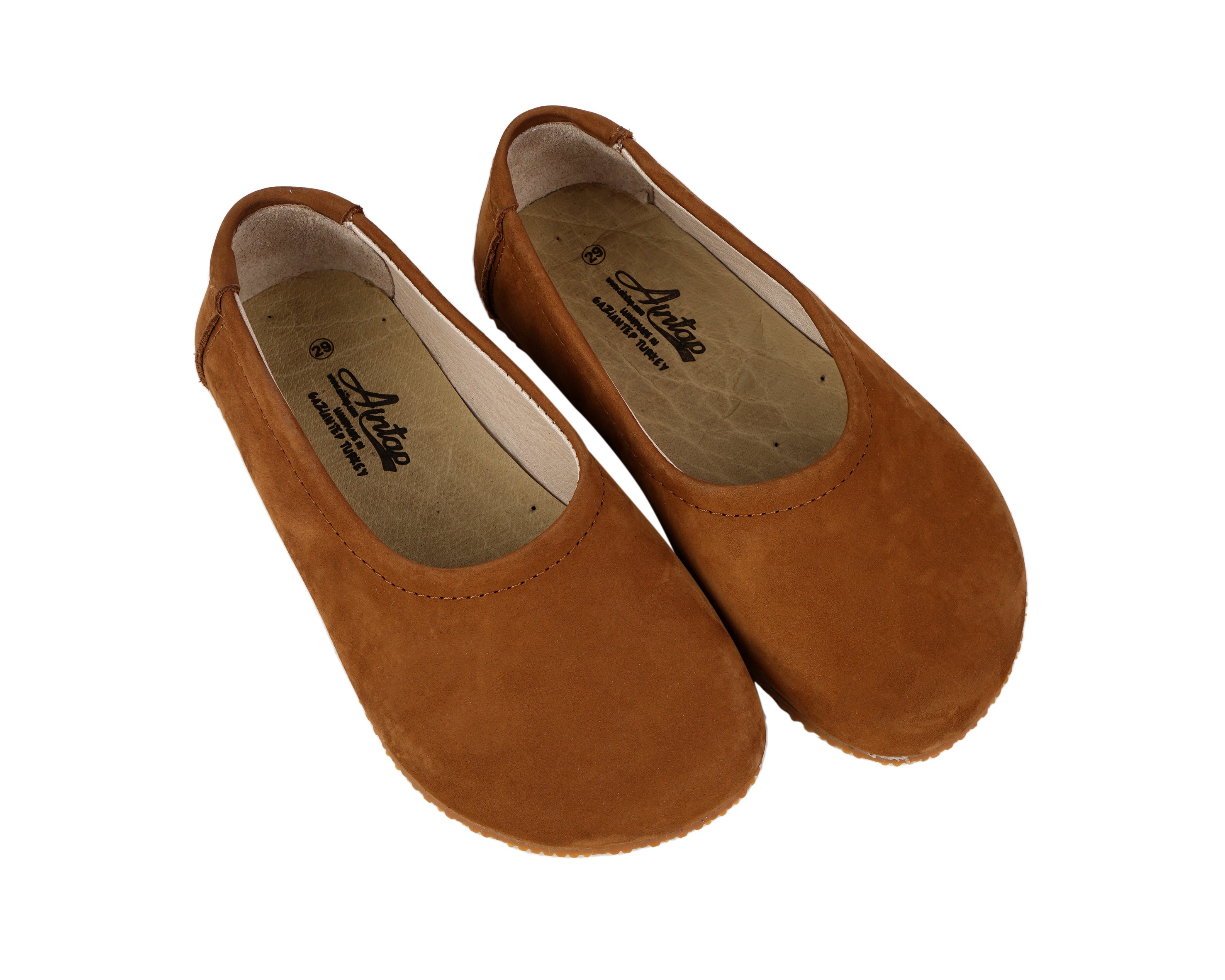 Tan Kids Flat Ballet Wide Barefoot Shoes Nubuck Leather Handmade Leather & Rubber Sole 