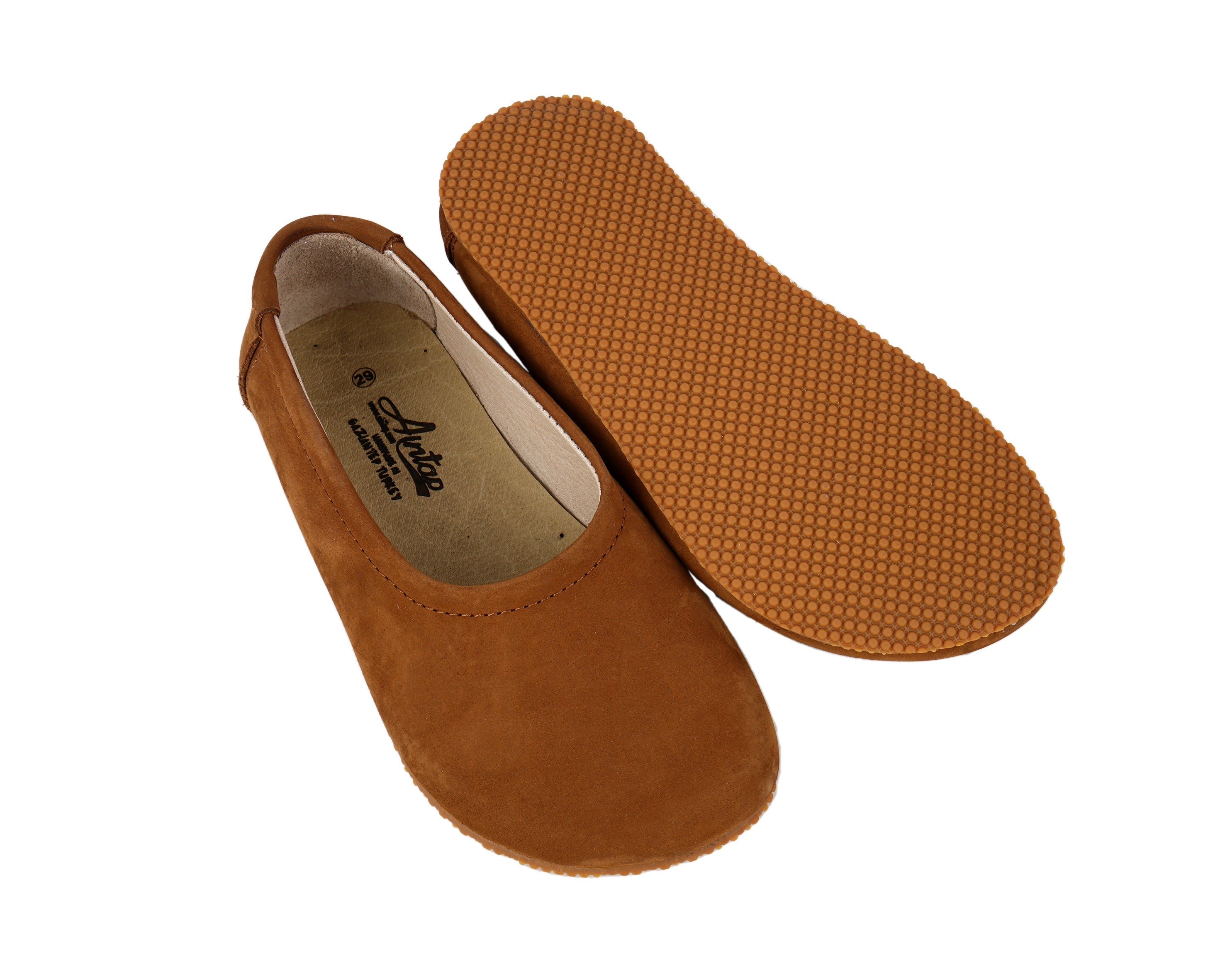 Tan Kids Flat Ballet Wide Barefoot Shoes Nubuck Leather Handmade Leather & Rubber Sole 